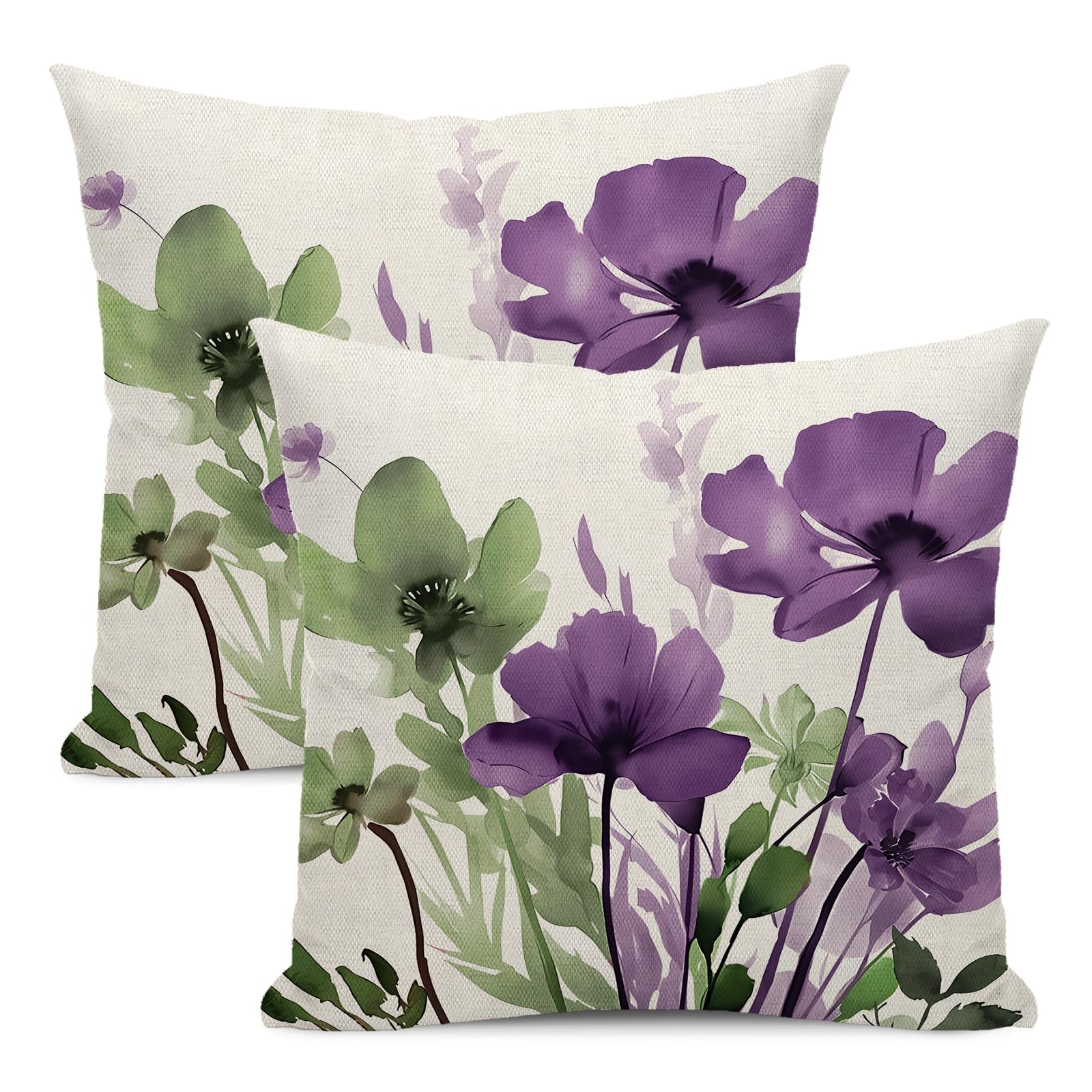 Spring Floral Pillow Covers 16x16 Inches Set of 2 Sage Green Purple Floral Throw Pillow Covers Outdoor Summer Flower Decoration Pillowcase Farmhouse Decorative Cushion Cover For Home Couch Sofa