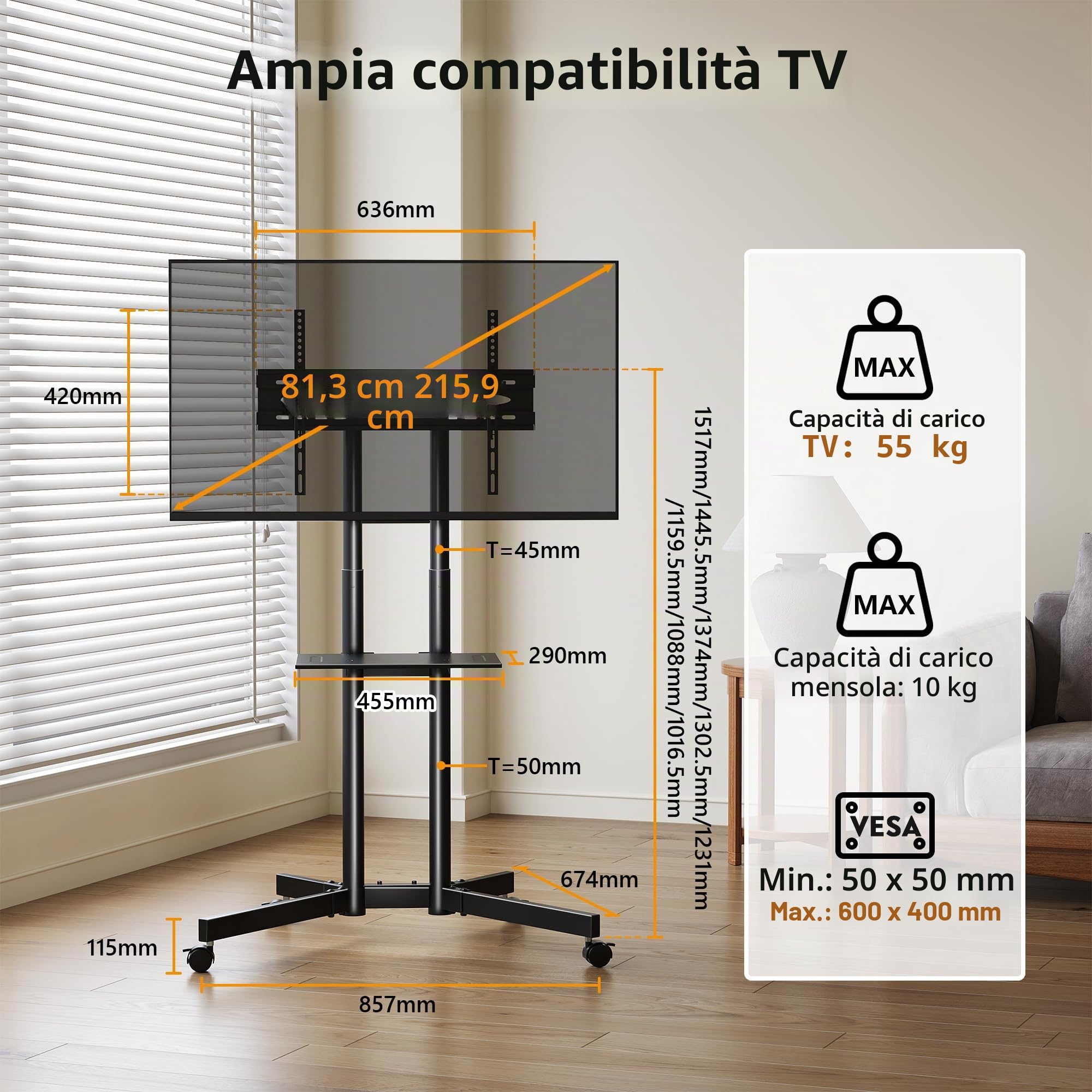 BONTEC Supporto TV da Pavimento con Ruote per TV LCD LED OLED da 32-85 Pollici, Ripiano Regolabile in Altezza, Max VESA 600x400mm, Capacità 55kg, Carrello Porta TV con Sistema di Gestione dei Cavi