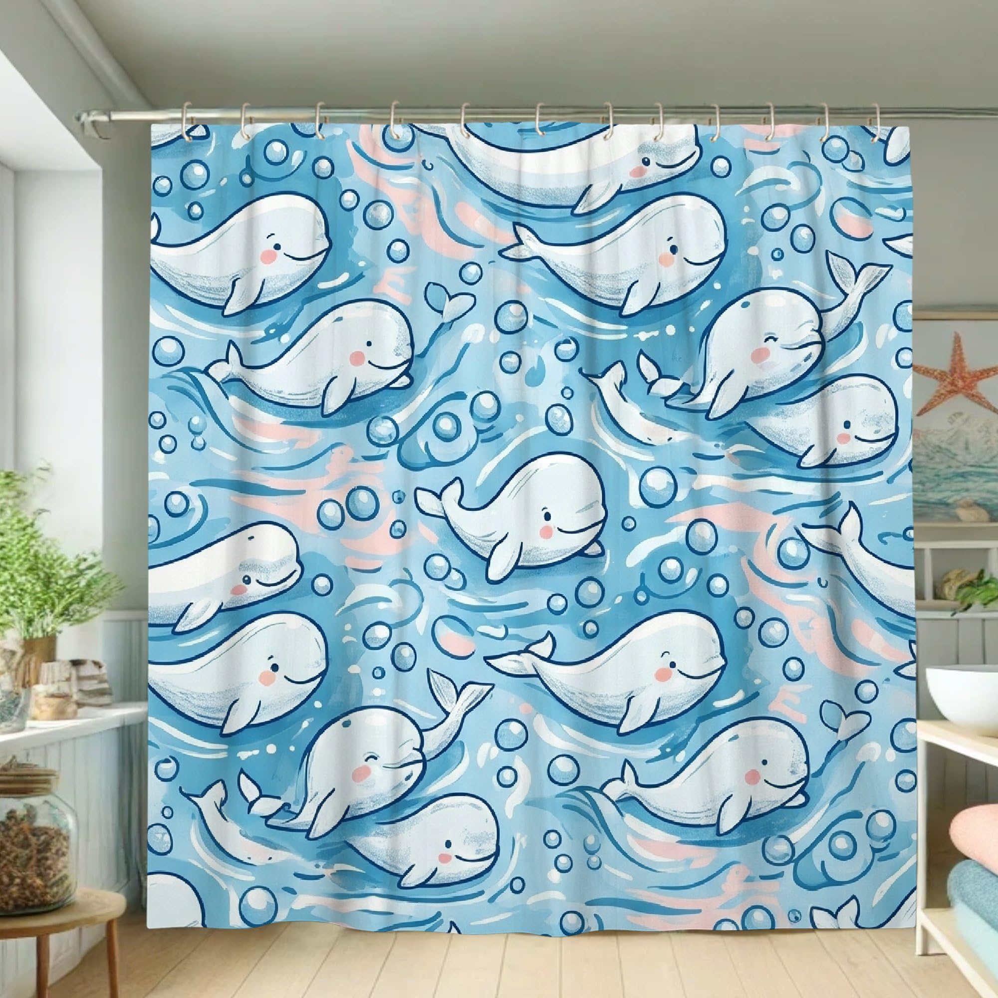 Rideau de douche polyester baleine bleu 183x183 cm pour salle de bain