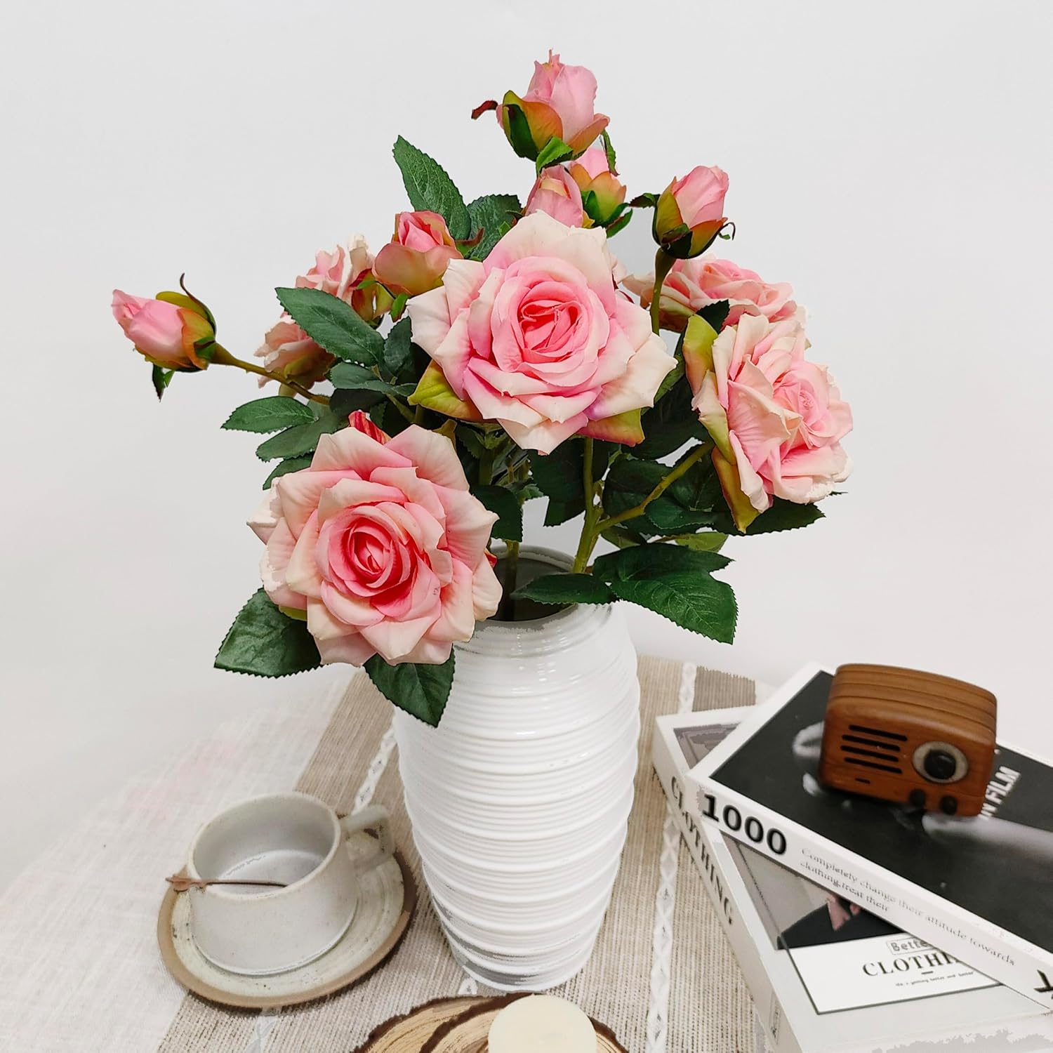 ATFL Fake Pink Roses Flowers, 6 Pcs Faux Silk Real Touch Moisturizing Artificial Pink Rose Flowers for Decoration DIY, Wedding Party, Home Office Decoration and Dining Table Centerpiece (6, Pink) - Image 4