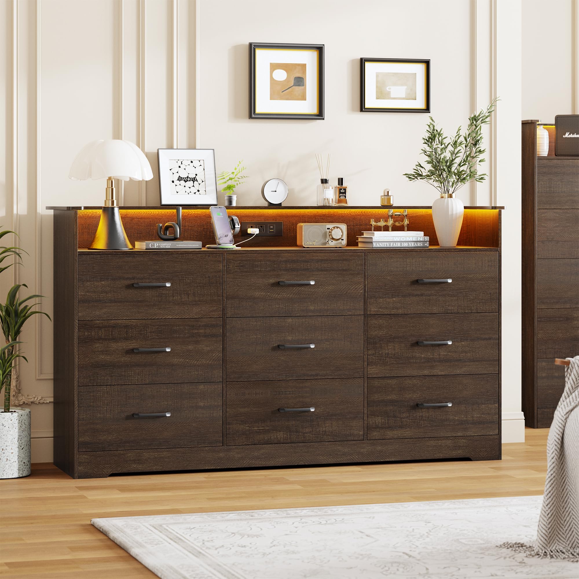 View 1 of ************INCOMPLETE ITEM, THIS IS ONLY BOX A, MISSING BOX B***********
9 Drawer Dresser for Bedroom - 65” Wide Chest of Drawers with LED Light and Charging Station, Modern Large TV Stand Cabinet Organizer with Open Shelf for Living Room, Entryway, Hall