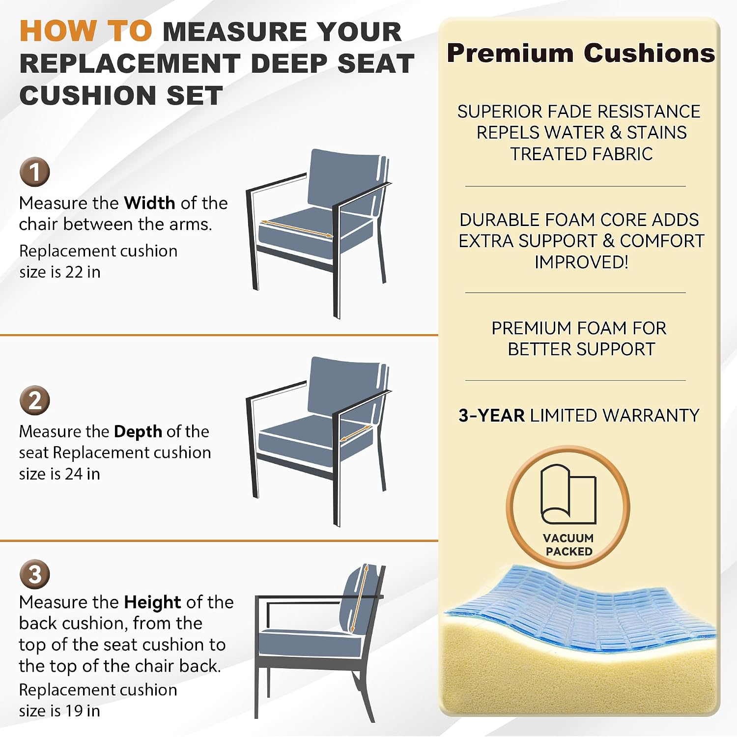 Deep Seat Patio Cushions Set 22 in x 24 in,Olefin Outdoor Seat Cushion,Patio Furniture Cushions with Removable Cover,Rain-Proof and Fade Resistant Deep Seat Bottom & Back Cushion, Set of 2
