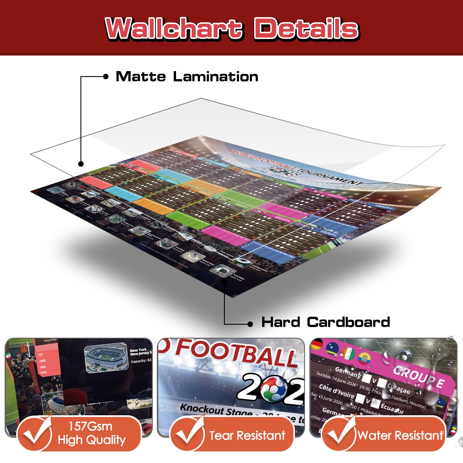 AhfuLife 2Pcs World Cup Football 2026 Wall Chart for Party Decorations - A2 Sizes World Cup WallChart Poster - Includes 48 Teams Group Knockout Final Results Wall Calendar (Folded, A2-42cm x 59.4cm) — view 4