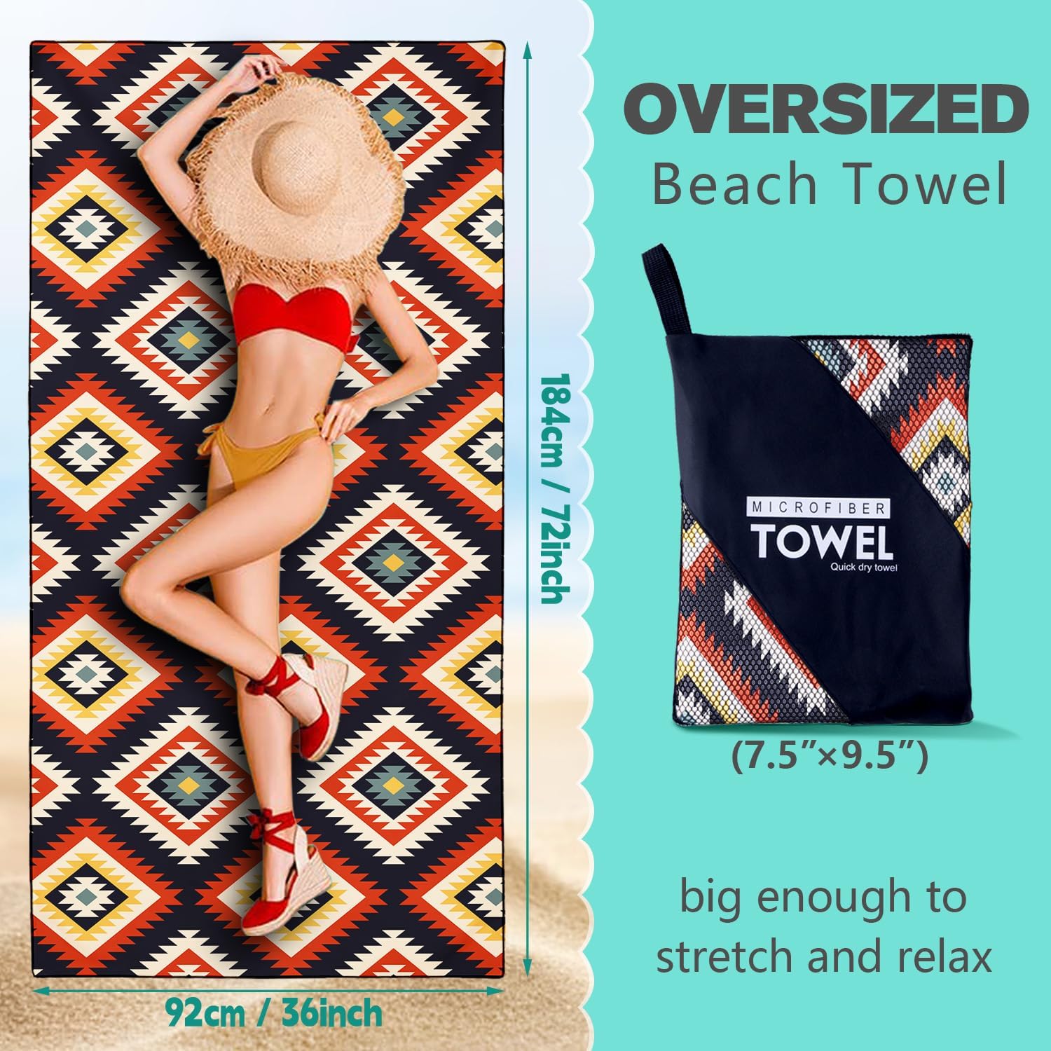 Southwestern Aztec Aesthetic Beach Towel Extra Large 36"x72", Diamond Geometric Microfiber Towels for Cruise Pool Travel Camping Picnic, Sand Free & Quick Dry, Thin & Lightweight - Image 5