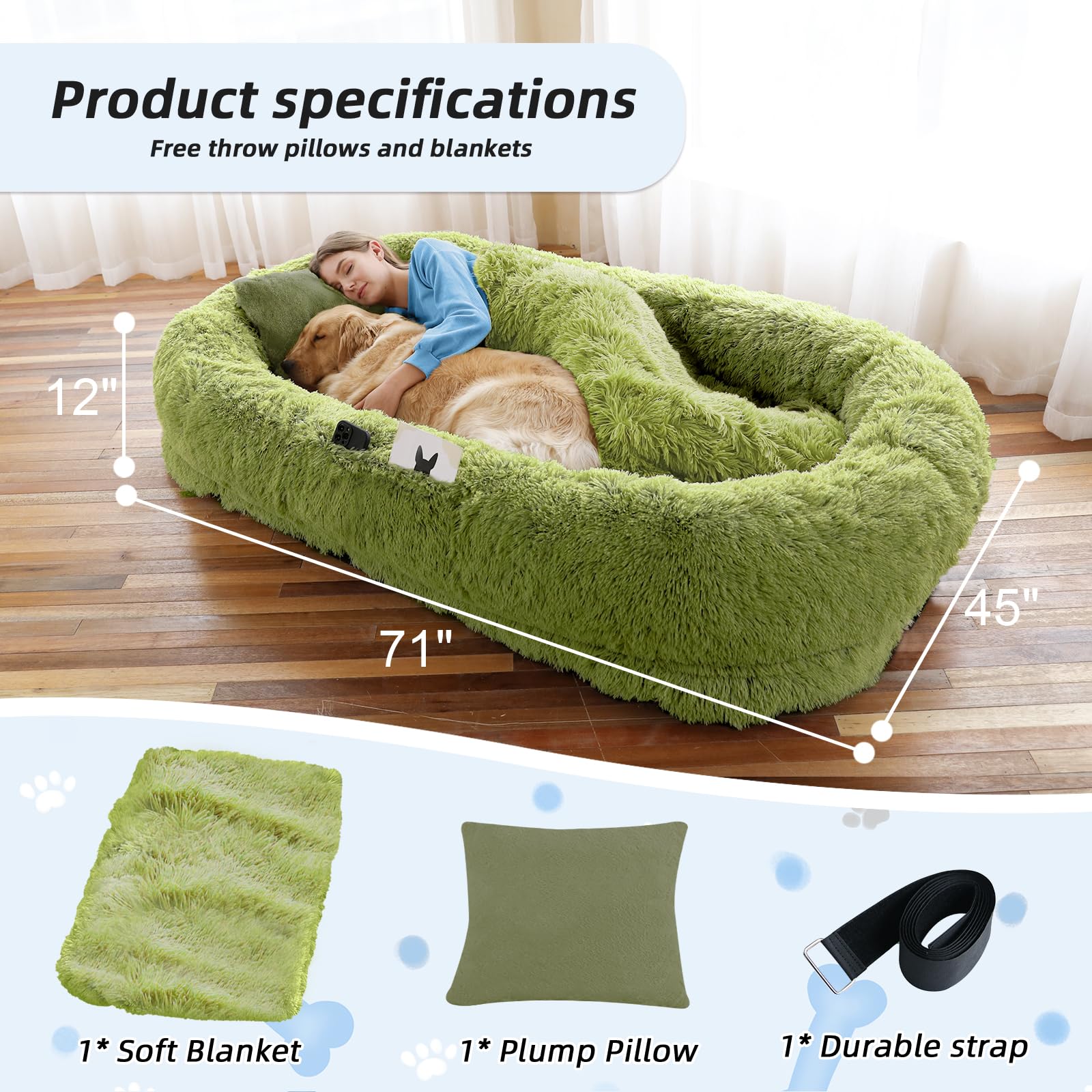 Human Dog Bed, 71''x45''x12'' Size Fits You and Pets, Washable Faux Fur Pet Bed for People Doze Off, Napping Orthopedic Dog Bed, Present Plump Pillow, Blanket, Strap - Pink: 71.0"L x 45.0"W x 12.0"Th GrassGreen