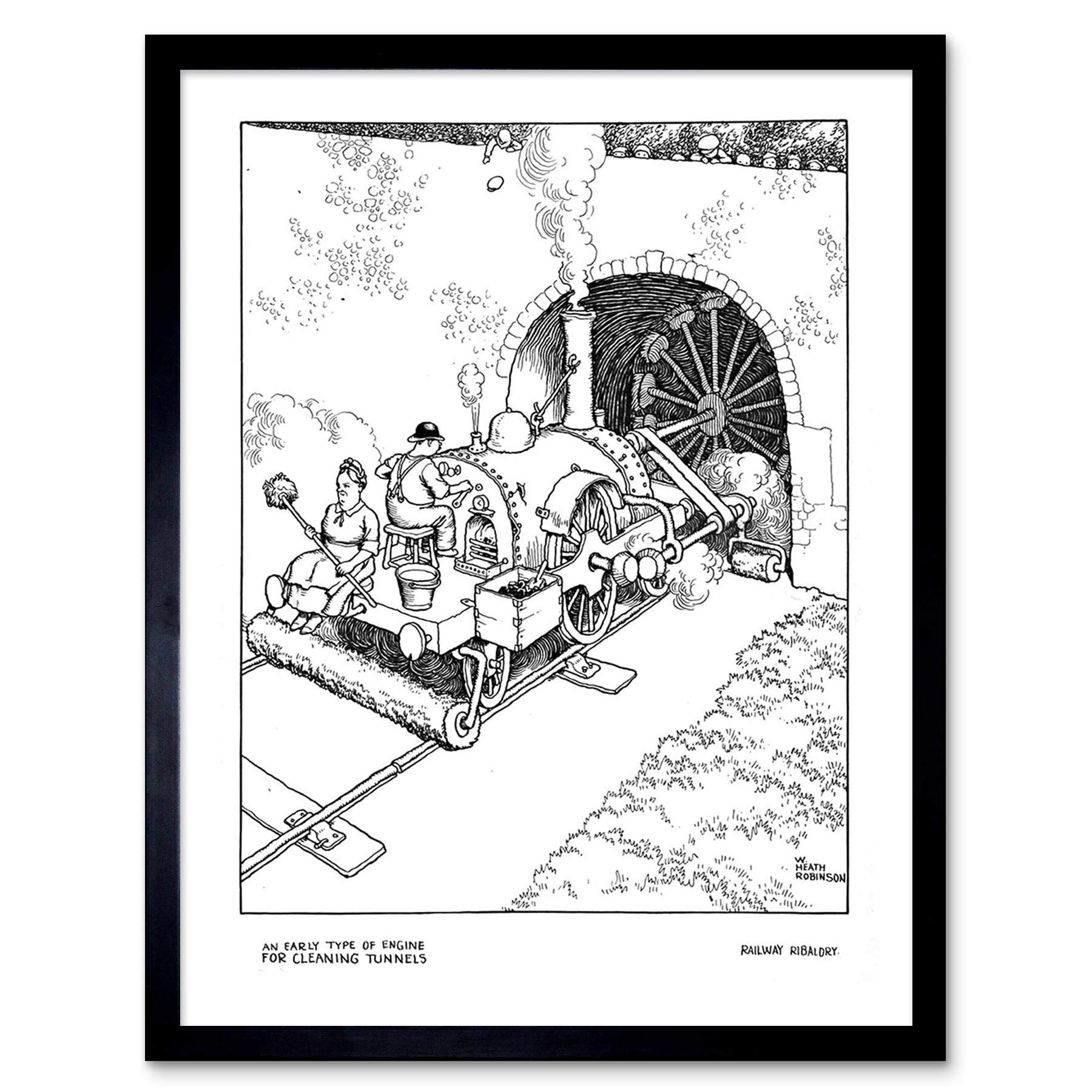 Wee Blue Coo Early Type Engine For Cleaning Tunnels Heath Robinson Art Print Framed Poster Wall Decor 12X16 Inch