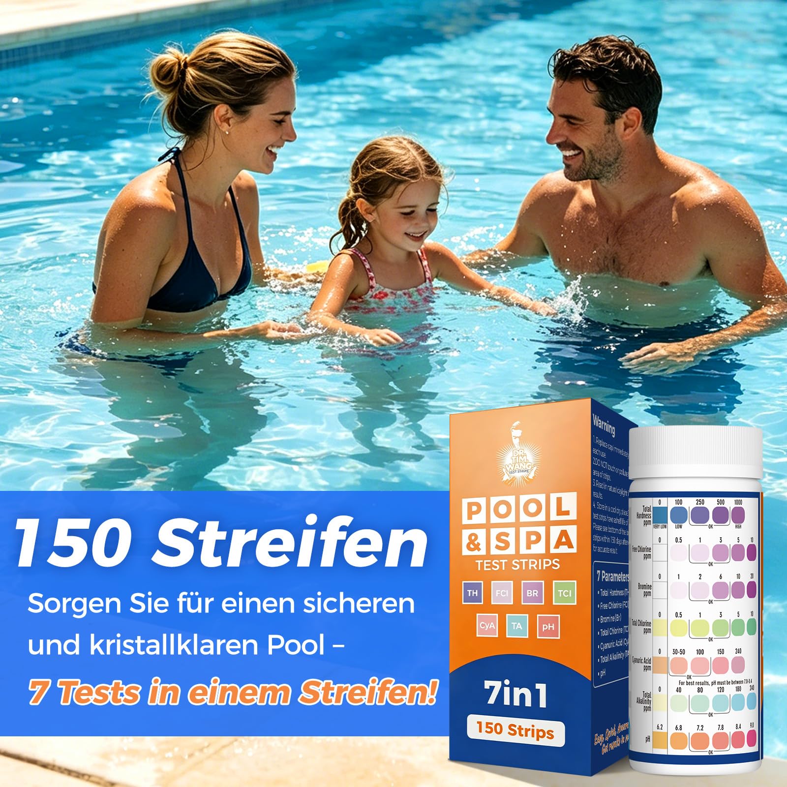 7 in 1 Pool Teststreifen, 150 × Teststreifen Pool Hochpräzise für Whirlpool & Spas,Schnelle Pool Wasser Analyse über Brom, Gesamtalkalinität, pH, freies Chlor, Gesamthärte, Cyanursäure und Gesamtchlor