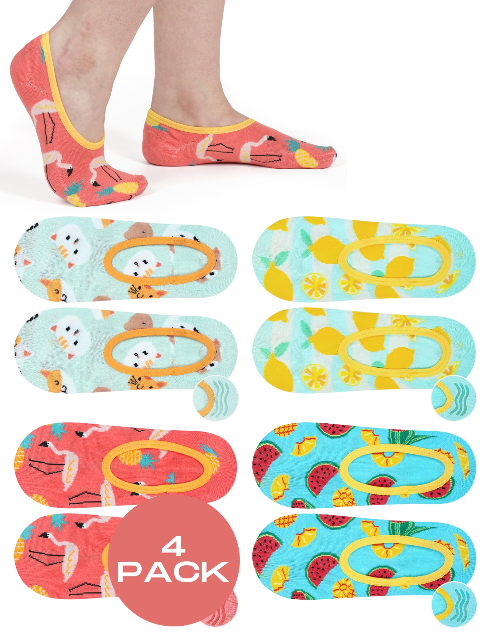 Soxo Women's 4 Pairs Invisible Socks Ankle Socks Trainer Multipack Cotton Funny Ballet 2.5-6.5
