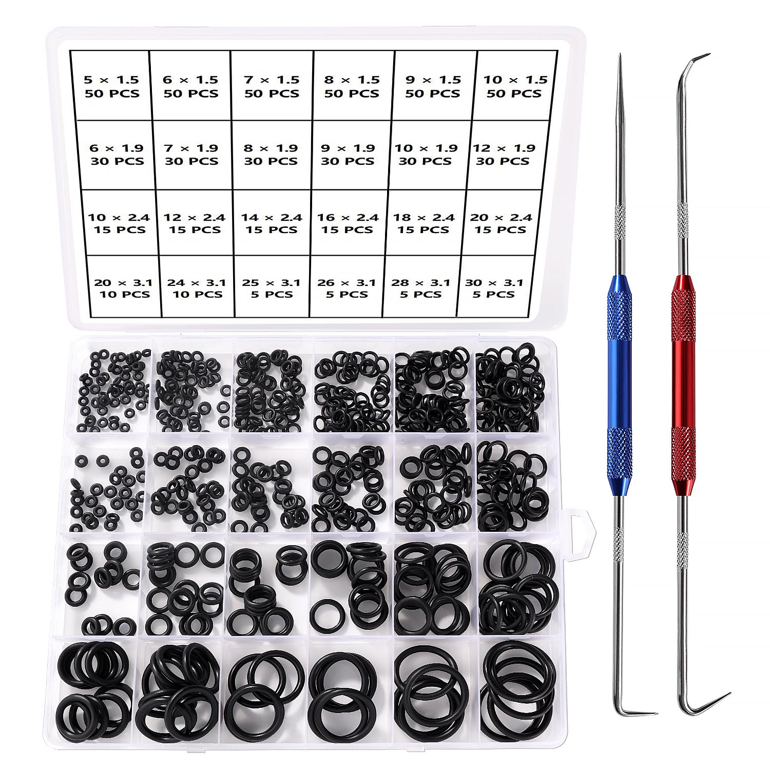 YIXISI 610 PCS 24 Sizes Black O-Rings Assortment Kit, Nitrile Rubber Metric O-Rings, with Double Headed Pick and Hook