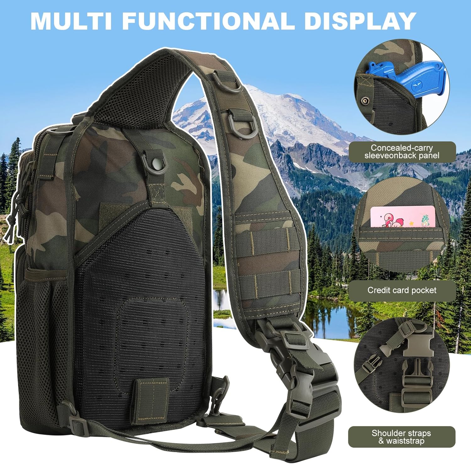 Rover Sling Pack Tactical Shoulder Sling Bag Backpack with Bottle Holder Crossbody Chest Bag, Woodland