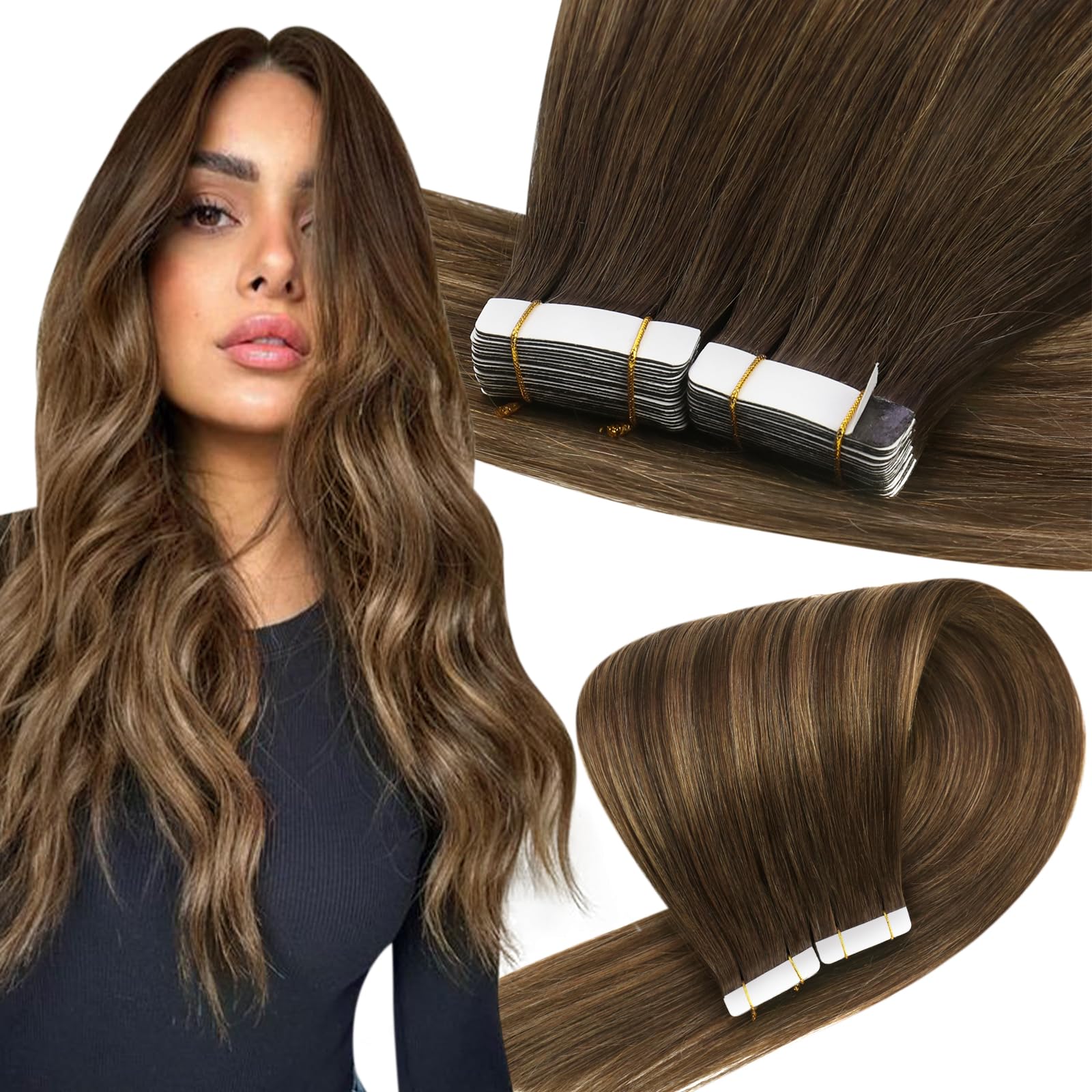 Easyouth Human Hair Tape in Extensions 18 Inch Brown Balayage Tape Hair Extensions Real Human Hair Ombre Brown Hair Extensions Tape in Human Hair Seamless 40g 20Pcs