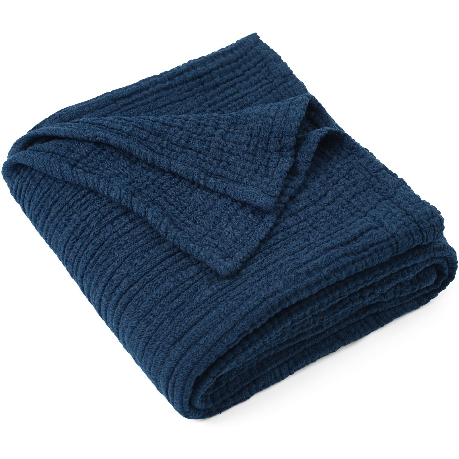 carriediosa 100% cotton muslin throw blanket 4-layer pre-washed linen gauze blankets for adults soft breathable lightweight comfort throws for bed and couch, 70"x 80" twin size navy blue