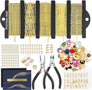 HUISUYTON 16.4 FT Gold Chain for Jewelry Making, Jewelry Making Chains Kit with Jump Rings/Lobster Clasps/Connectors/Charms/Pliers, Stainless Steel Necklace Chains for DIY Craft