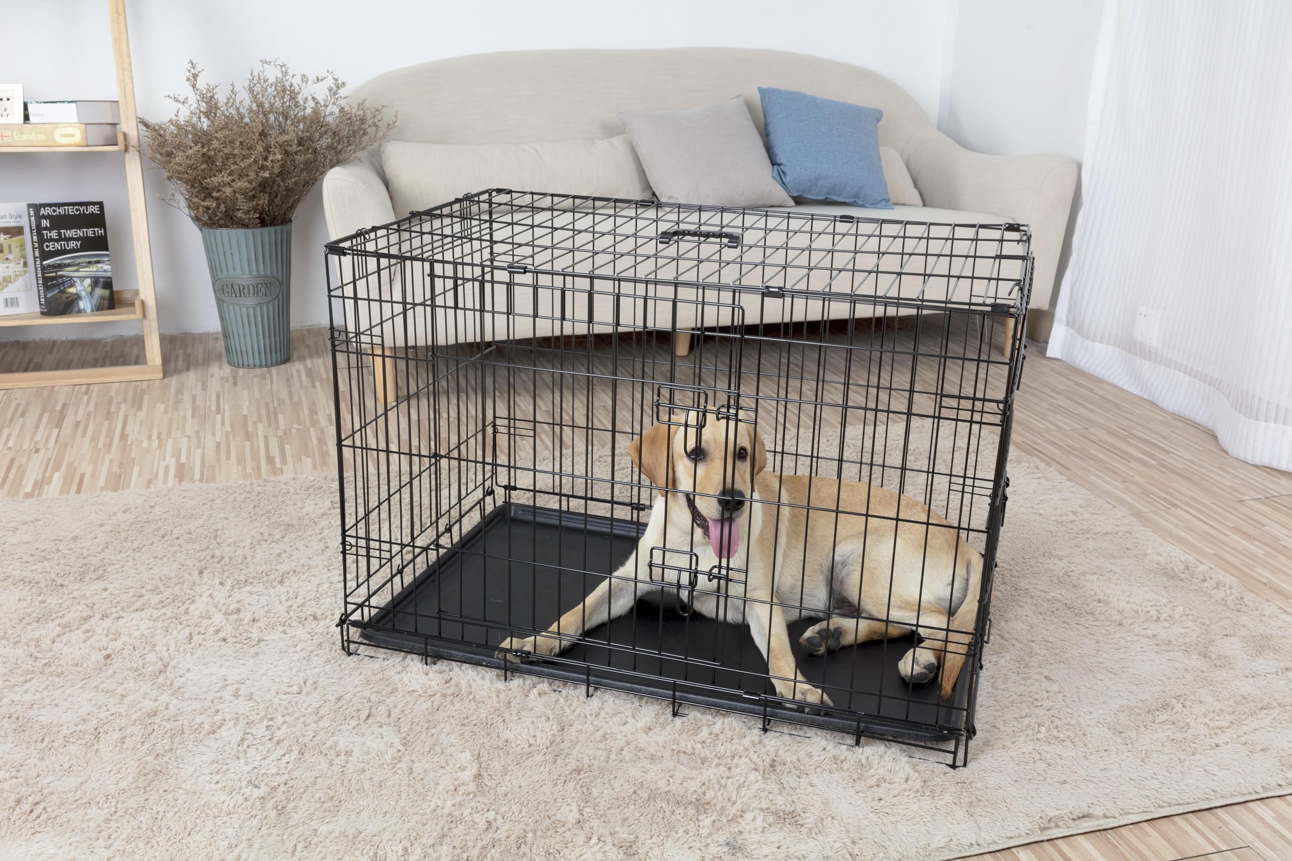 Simply Maison Hundekäfig M – klappbare Transportbox aus Metall, Stabiler Hundekäfig mit Kunststoff-Bodenschale, für kleine bis große Hunde & Katzen, schwarz | Größe M | 76cm(L) x48,5cm(B) x53cm(H)