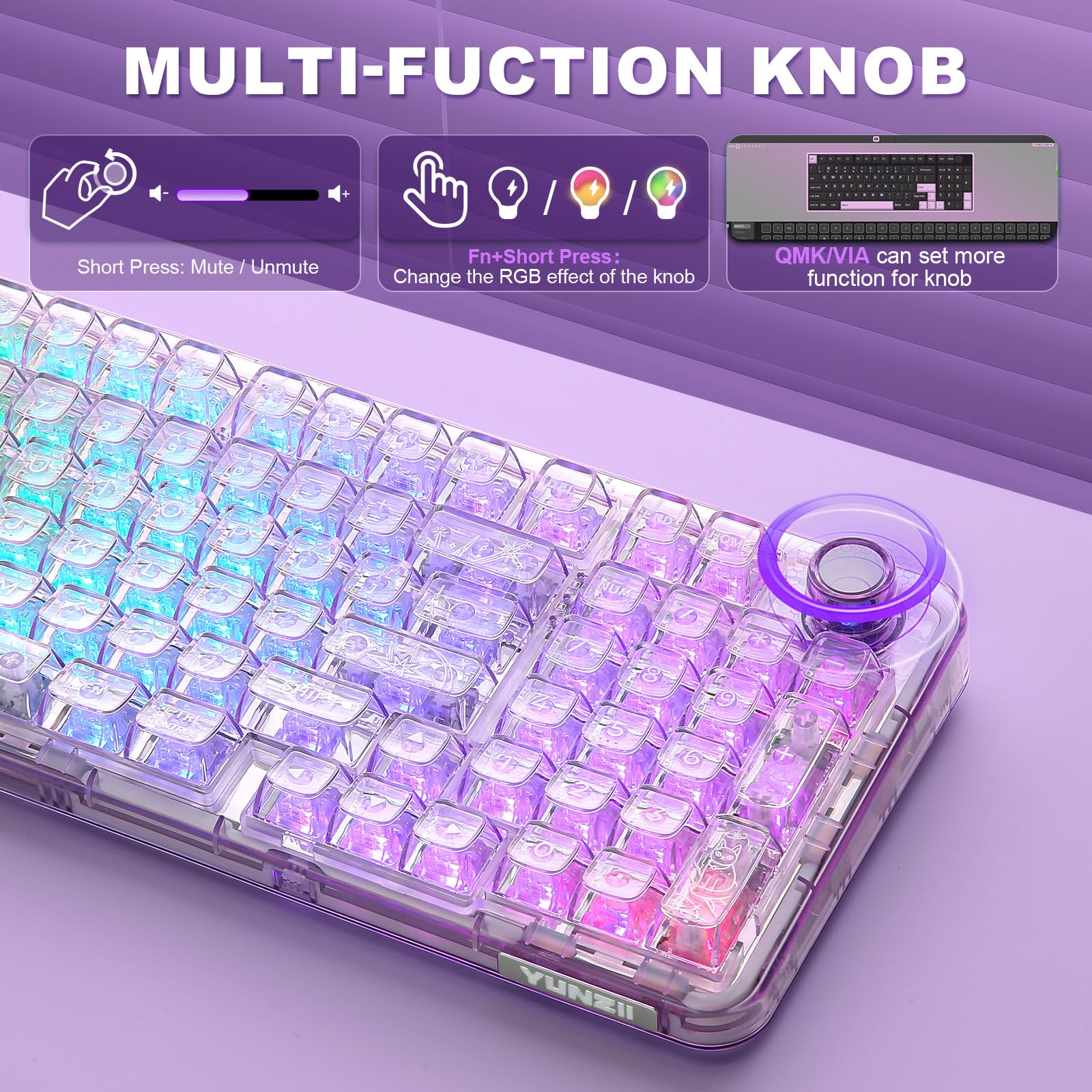YUNZII X98 Clavier Mécanique Translucide avec Molette(Violet, Neige) | Bluetooth5.0/2,4 Ghz sans Fil/USB-C Filaire, Switch Pré-lubrifiés, Gasket, Hot-Swap, RGB QWERTY pour Win/Mac
