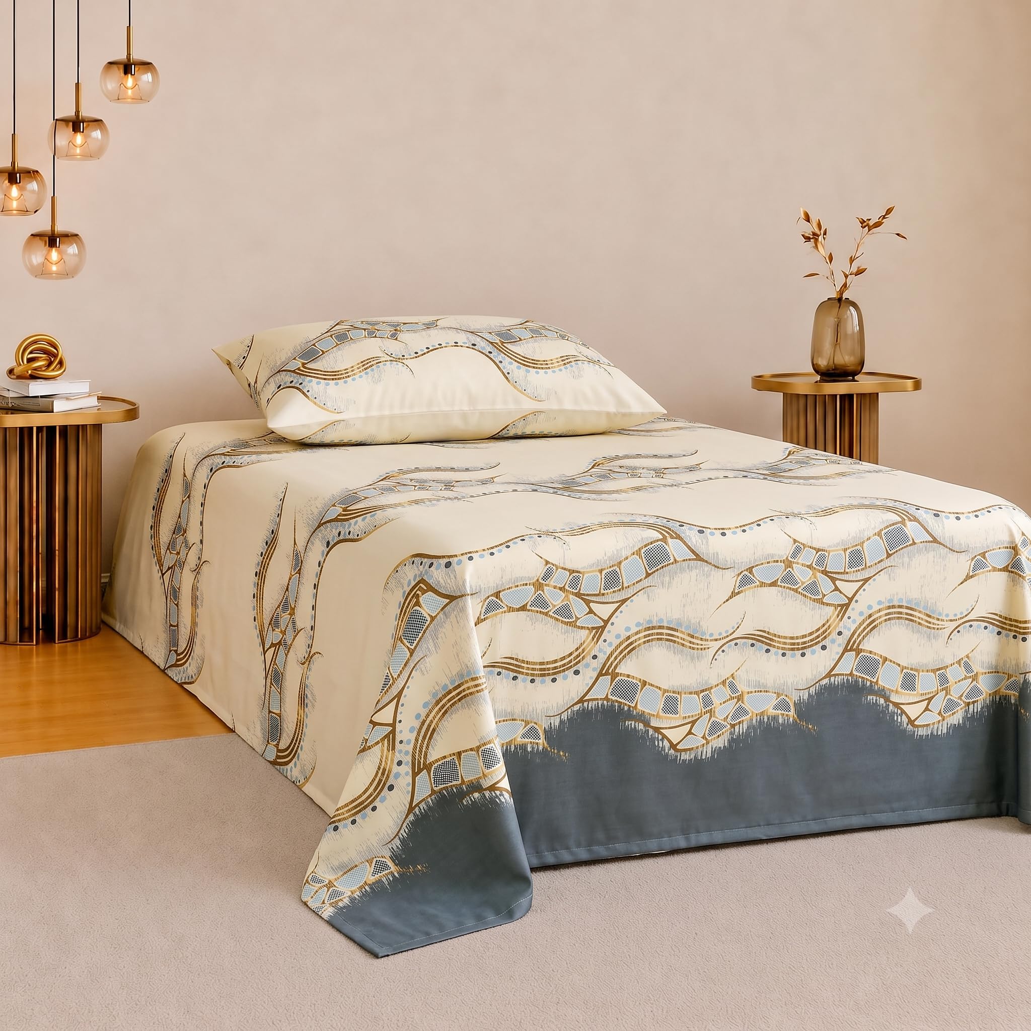 IVAZA 220 TC Soft Ezyption Cotton Floral Single Bed Sheet - Single bedsheet with 1 Pillow Cover Hypoallergenic, Brethable, (Size- 90 x 60 Inch Beige Black-image-48