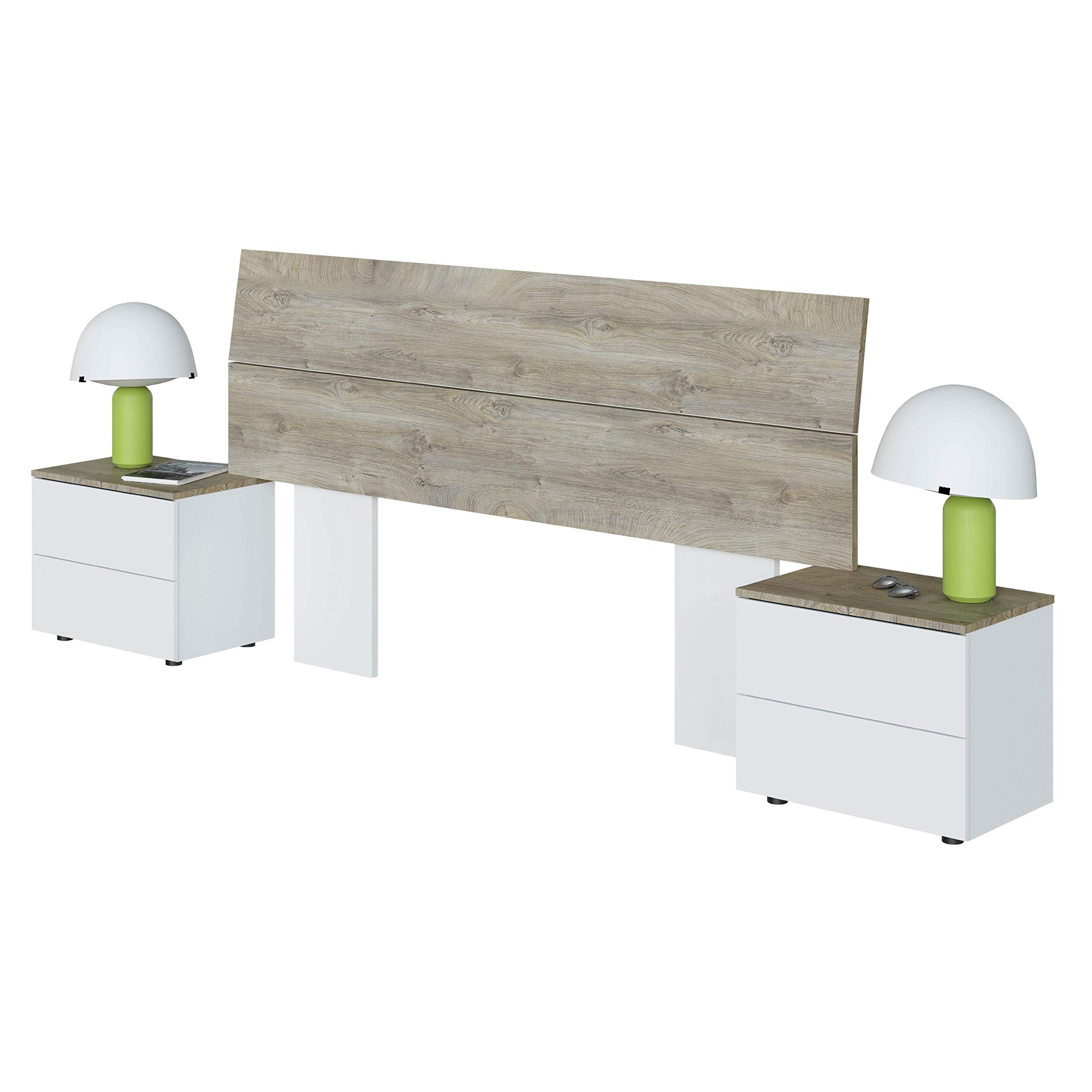 HOGAR24 ES Cabezal + 2 mesitas con 2 cajones, para Camas de 135 y 150 cm de Ancho, Color Blanco Artik y Roble Alaska