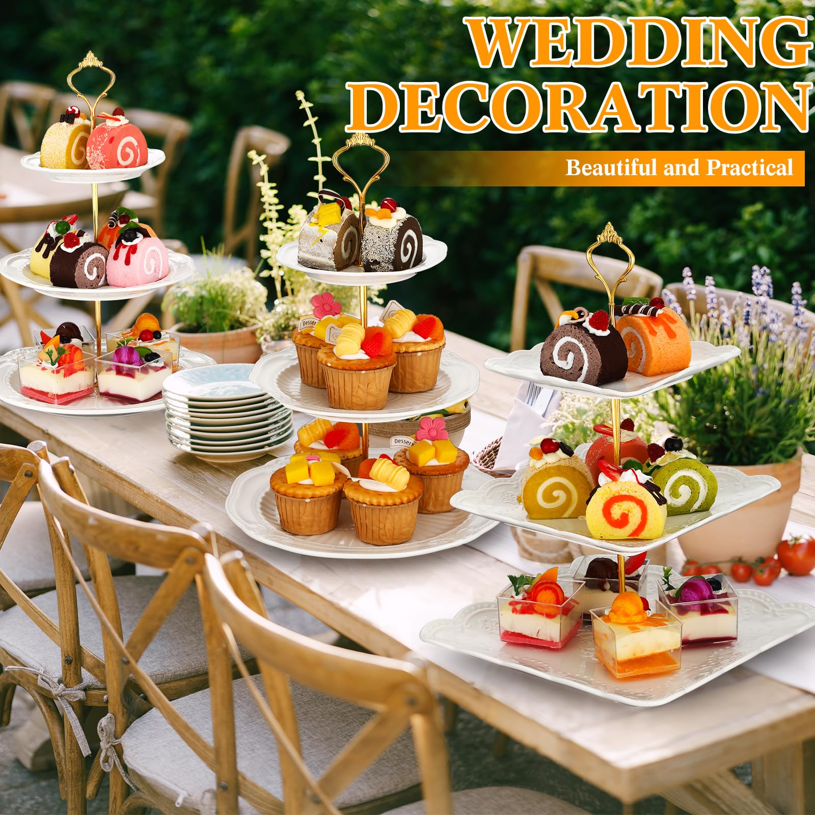 Tioncy Juego de 4 soportes para cupcakes de 3 niveles en relieve blanco de tres niveles para servir postres, pasteles, frutas, elegante plato de porcelana redondo y cuadrado para bodas, cumpleaños,
