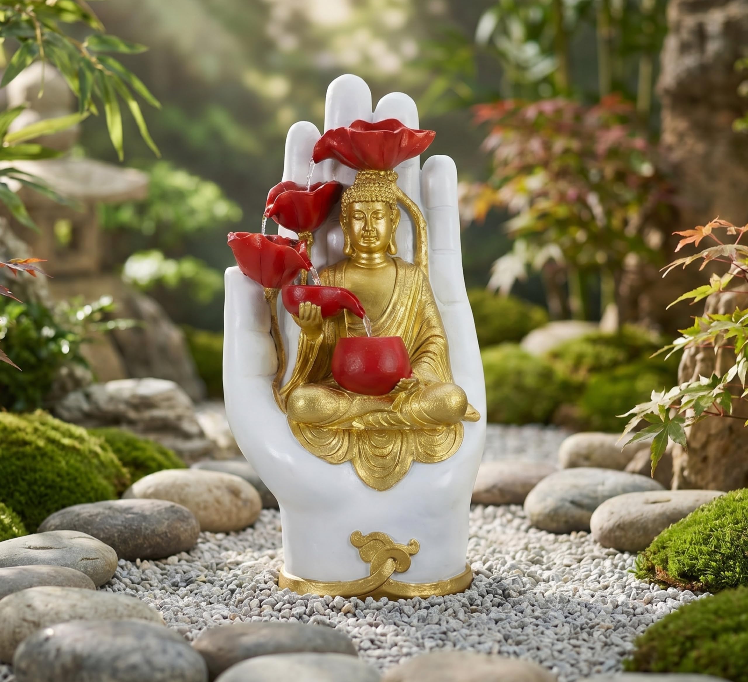 Statue de Bouddha Fontaine Solaire 58cm, Recharge USB ou Panneau Solaire câble 5m & télécommande, Décoration Jardin Fontaine Zen LED, Bouddha Decoration Intérieur & Extérieur