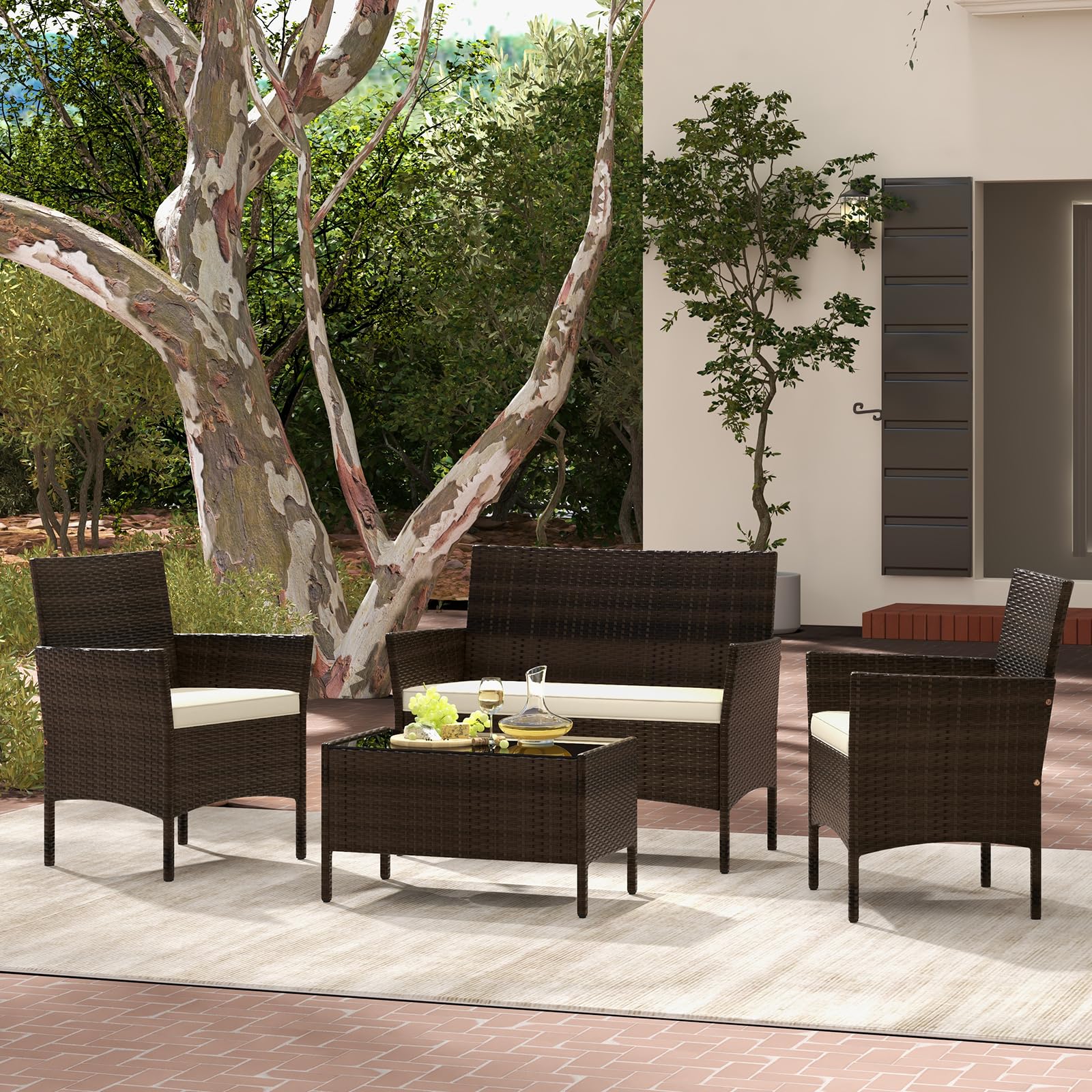 COSTWAY Set di Salotto da Giardino in Rattan 4 Pezzi, Set Mobili da Esterno in Vimini con Cuscini Morbidi, Divanetto e Poltrona con Tavolo in Vetro Temperato per Giardino e Veranda (Marrone)