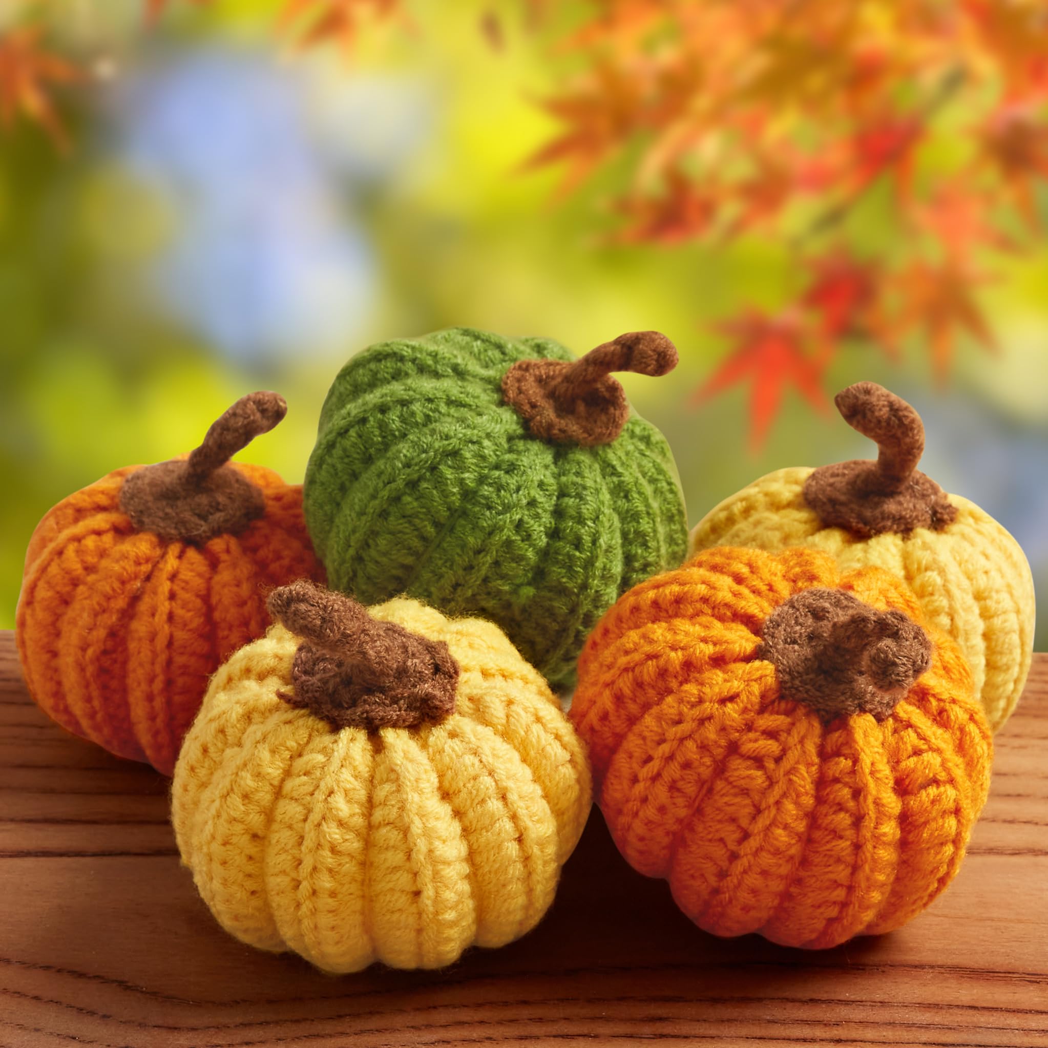 AWARDSEN Pumpkin 5 Pcs Crochet Artificial Pumpkins Autumn Decoration Orange Yellow Green Pumpkin Ornament Cute Thanksgiving Halloween Pumpkins Decorations for Home (3 Color)