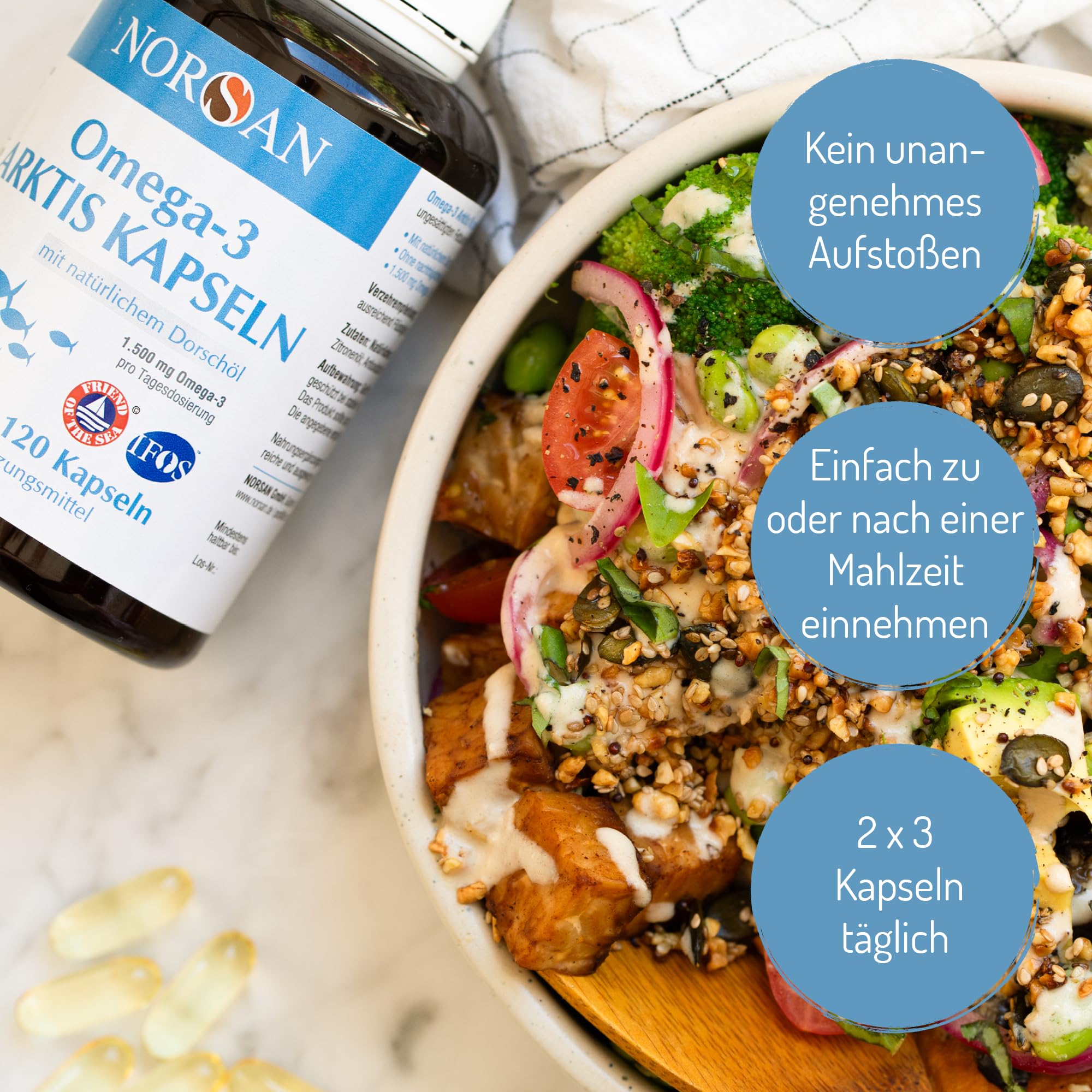 NORSAN Premium Omega-3 Arktis Dorschöl Kapseln 2x120 Kapseln - 1.500 mg Omega-3 pro Portion - Fischöl Kapseln aus nachhaltigem Wildfang