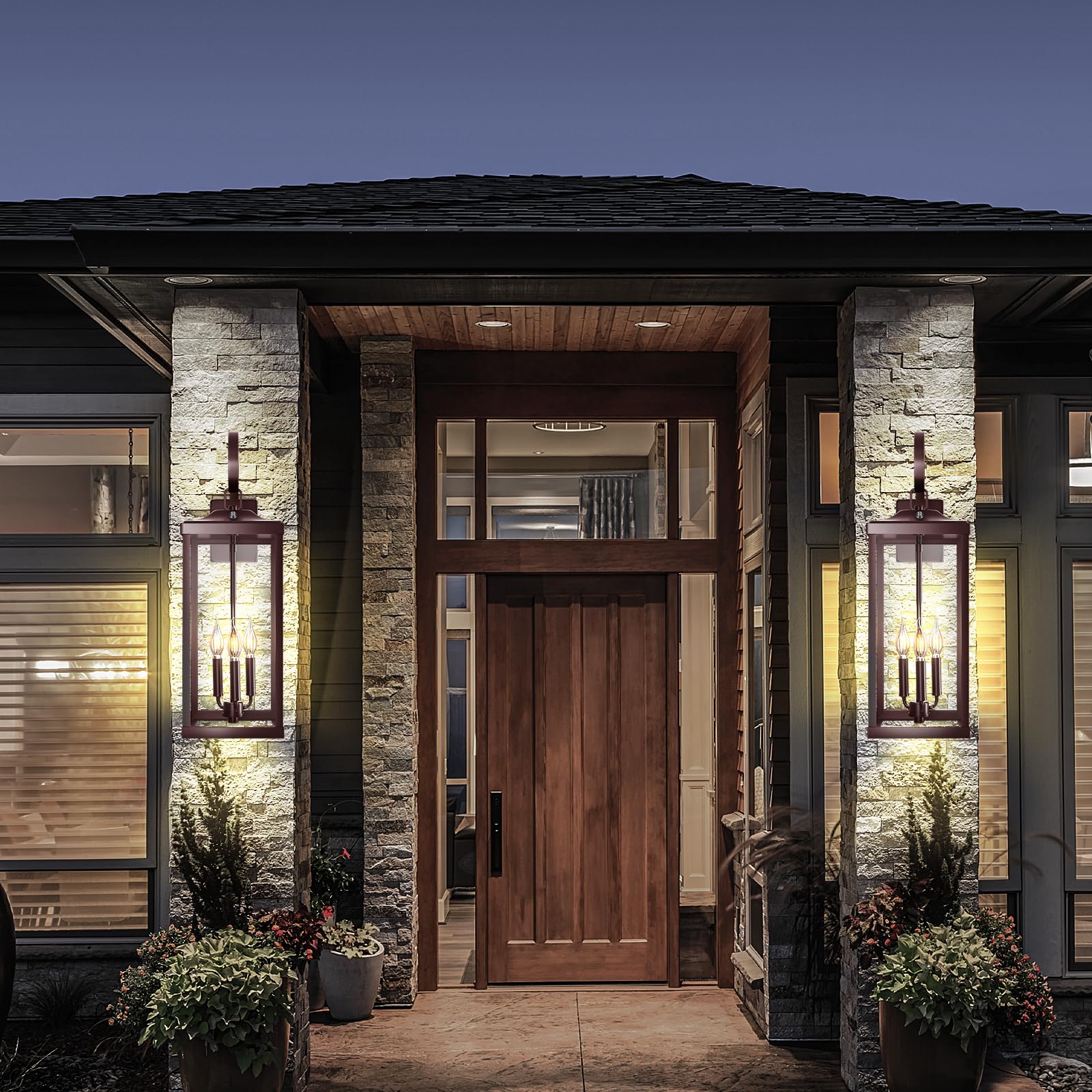 2 -24" Extra Large Dusk to Dawn Light Fixture 3-Light, Oil Rubbed Bronze Outdoor Porch Lantern Wall Mounted, Waterproof Modern Outside Wall Sconce Brown Lamp for House, E12