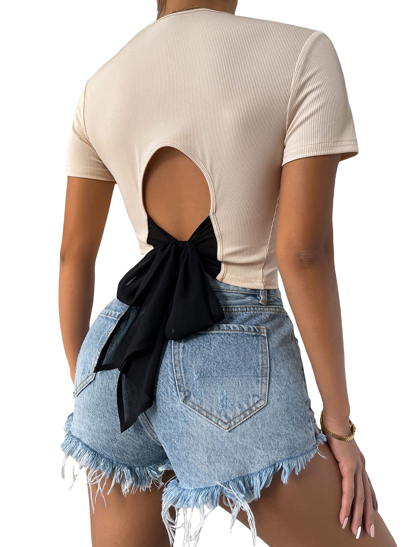 Shein Womens Tie Back Short Sleeve Round Neck Ribbed T