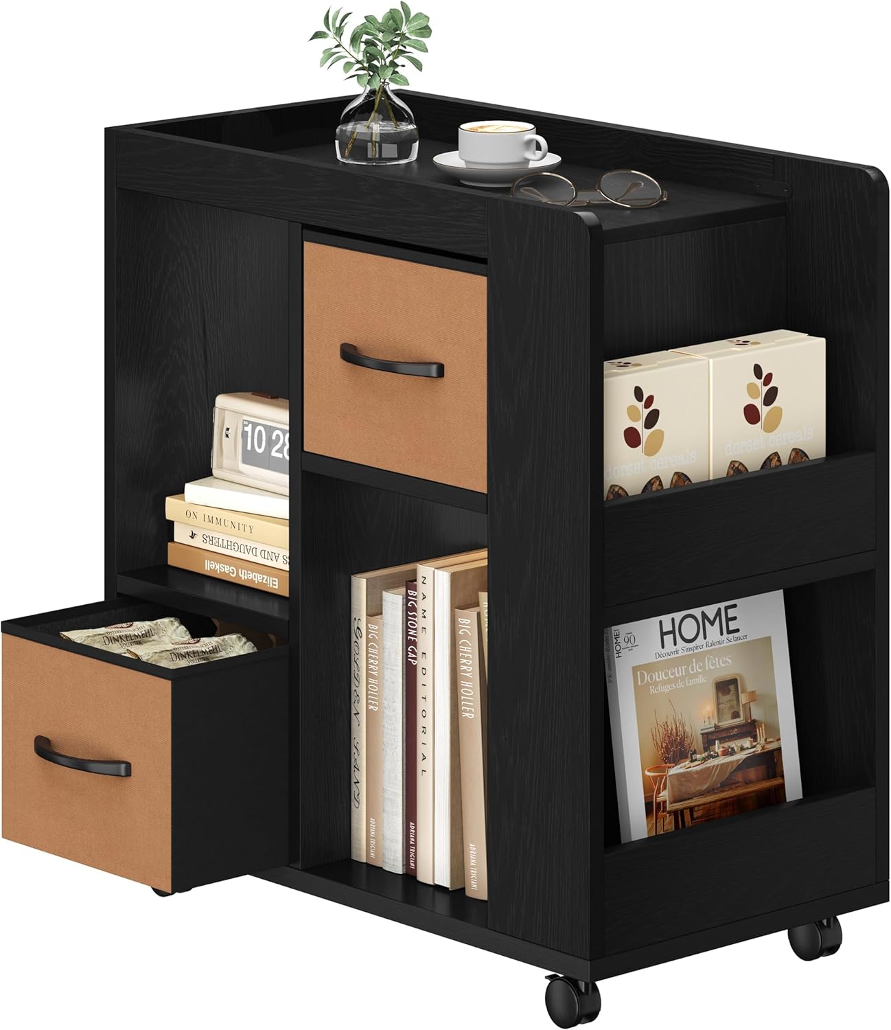 Yaheetech Narrow Side Table with Storage, Wooden Rolling Nightstand Bedside Table with Wheels, Magazine Racks and Open Shelves, End Table with Drawers for Living Room Bedroom, Black