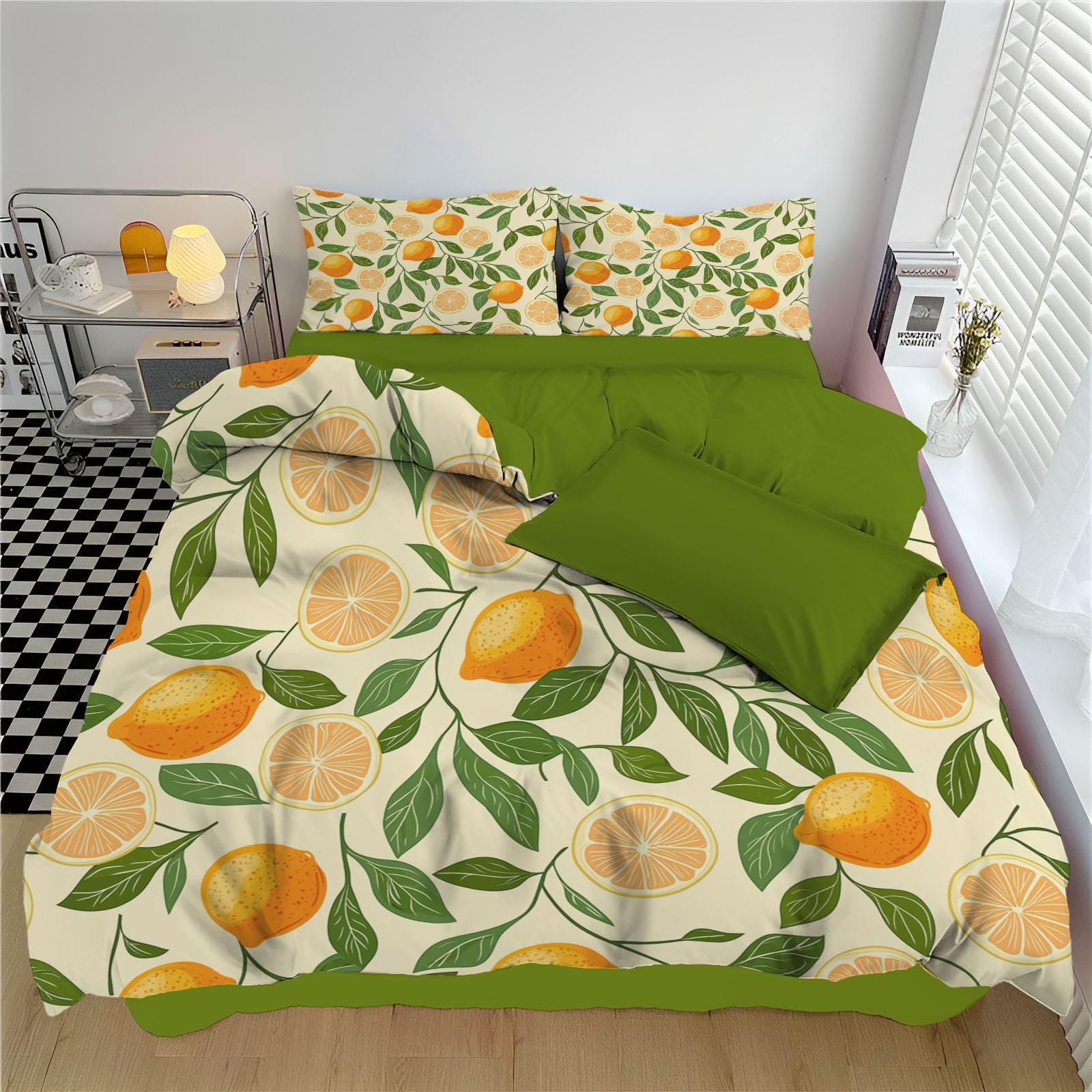 Parure de lit feuilles orange et citron vert pour une chambre ambiance nature