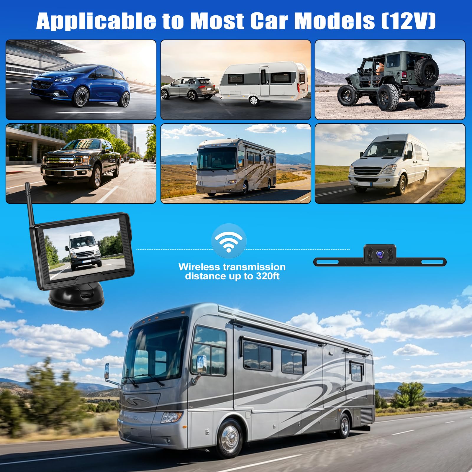 OiLiehu Kabellose AHD Rückfahrkamera Set 1080P Funk-Rückfahrkamera mit 4,3" Monitor IP68 Wasserdicht Infrarot-Nachtsicht Digitales Signal-Backup-System DC 12V