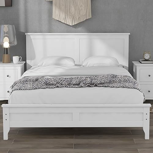 MERITLINE Base de cama de plataforma de tamaño matrimonial con cabecera, base de madera maciza con soporte de listones de madera, no necesita disponible en Yaxa Colombia
