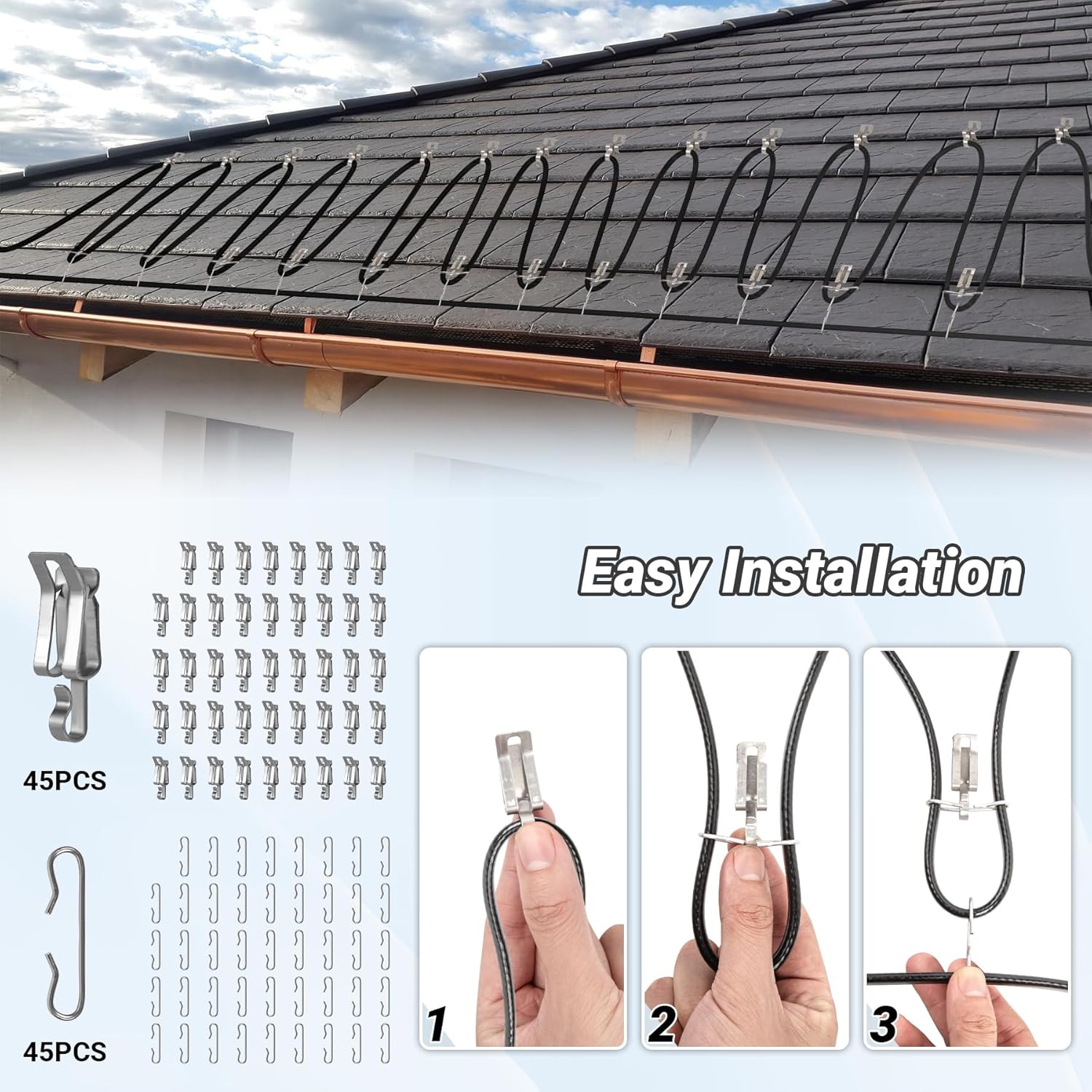 100FT Heat Tape for Roof and Gutters, 8W/FT Roof Snow De-Icing Kit w/ 45PCS Clips & Spacers, Self-Regulating Heat Cable, Roof Heat Tape for Ice Dam & Pipe Freeze Prevention, 120V, LED Plug