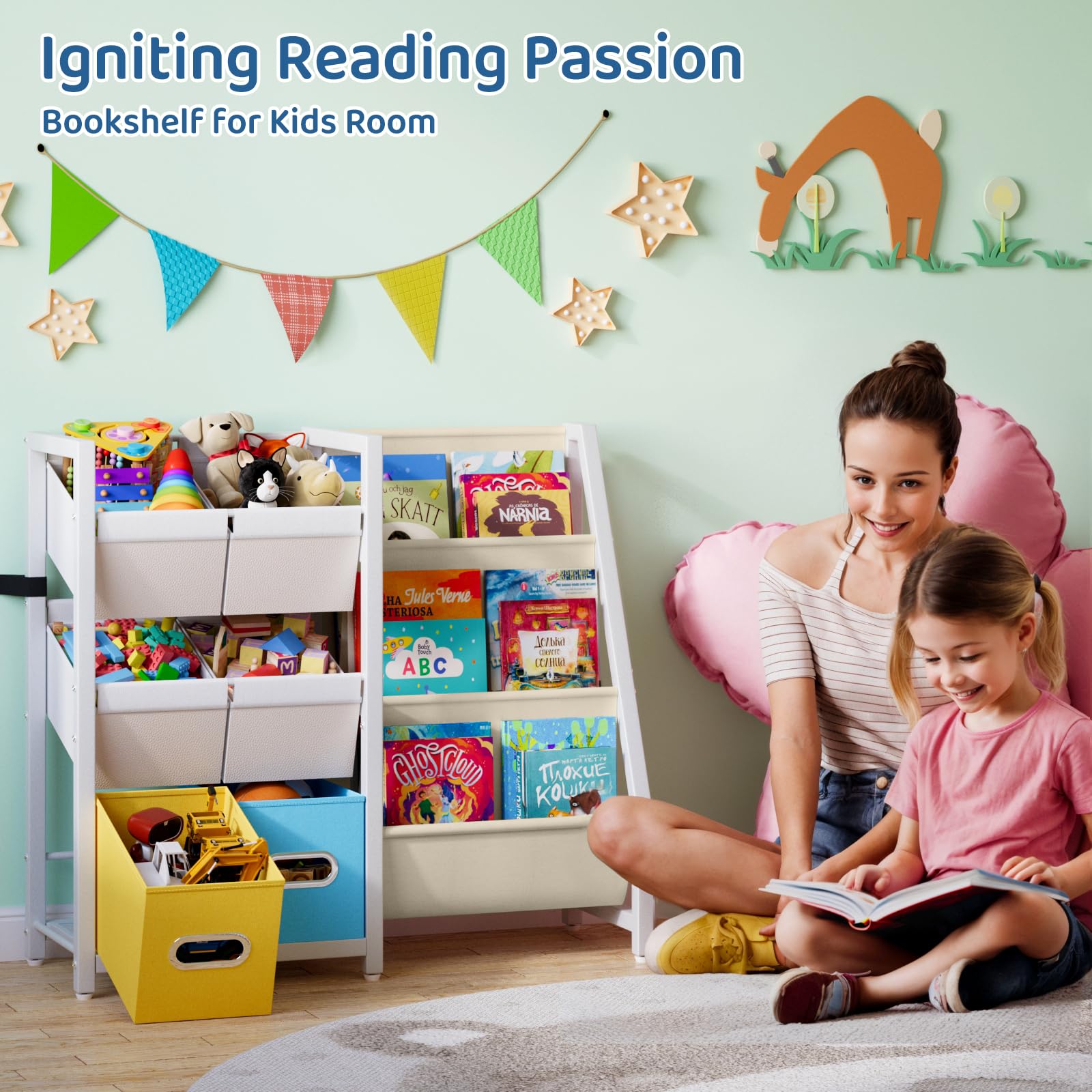 Estantería organizadora de juguetes para niños, estante para libros para habitaciones de niños, 6 contenedores de juguetes para niños y 3 eslingas para niños, estantería Montessori para guardería 7