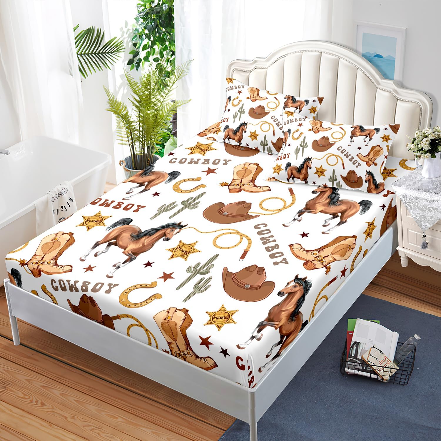 Western Horse Fitted Sheet 3Pcs Full Wild Brown Horse Cowboy Boot Cactus Bedding Set for Kid Teen Girl Boy Adult Horsewhip Badge Sheet Bed Decor with 1 Fitted Sheet+2 Pillowcases No Flat Sheet - Image 2