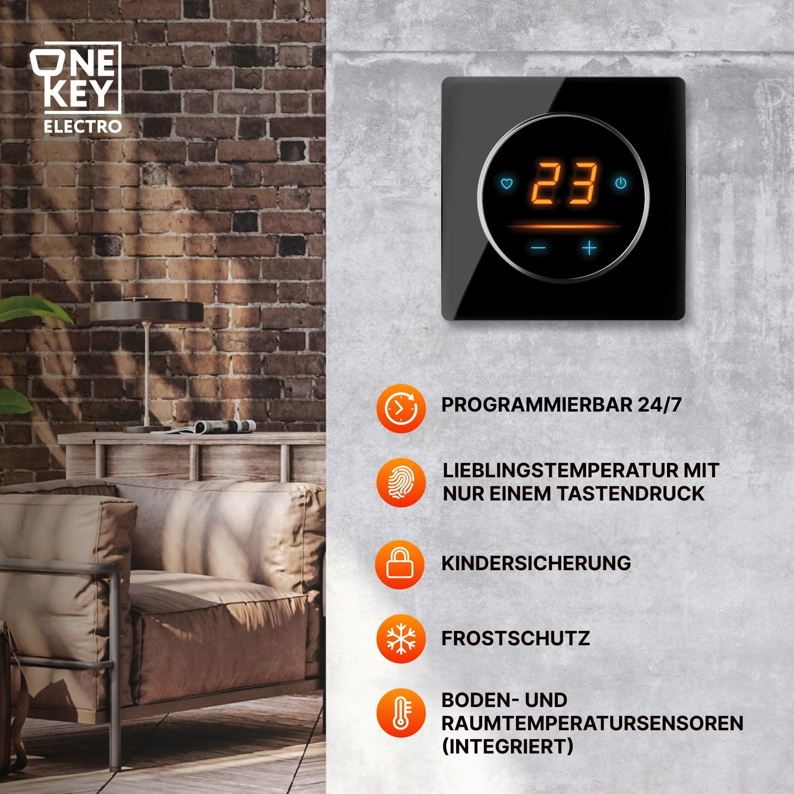 Elektryczne ogrzewanie podłogowe: dwużyłowa mata grzewcza WARMON ULTRA 200 W/m² z termostatem WiFi OKE-25 Touch i czarną ramą ze szkła Garda, termostat: OKE25 Garda biały, rozmiar maty: 4 m²