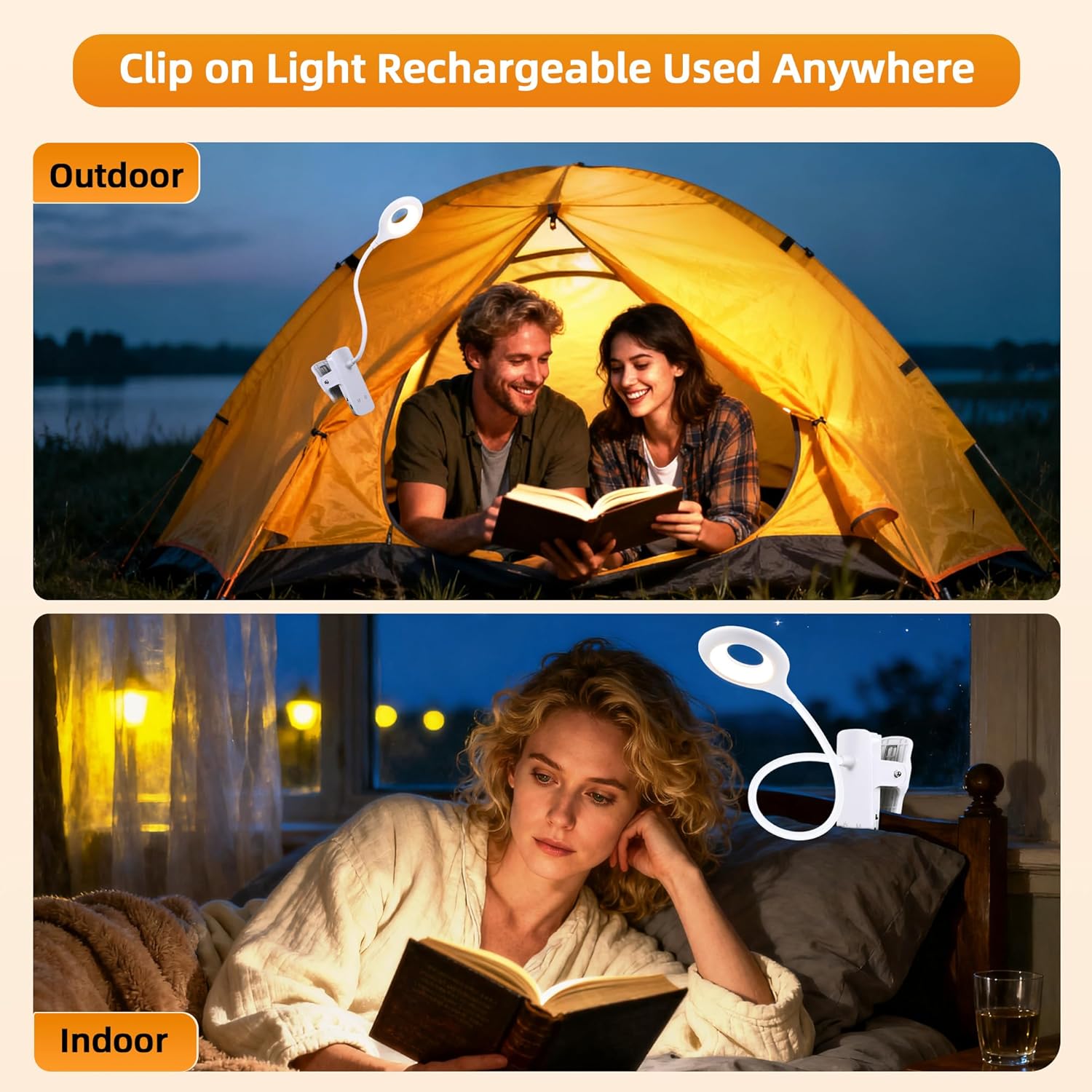 Akynite Desk Lamp LED Clip on Light, 5 Modes 5 Brightness Dimmable Clamp Lamp, Flexible Rechargeable Battery Clip on Reading Light for Bed Headboard Bunk Bed at Night for Kids (White)