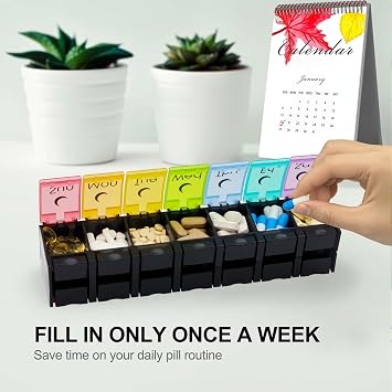 XL ウィークリーピルオーガナイザー 関節炎にやさしい、AM PM Travel 7日間のピルボックスケース、1日2回の大型ピルケース ビタミン、魚油、サプリメント、薬を入れる