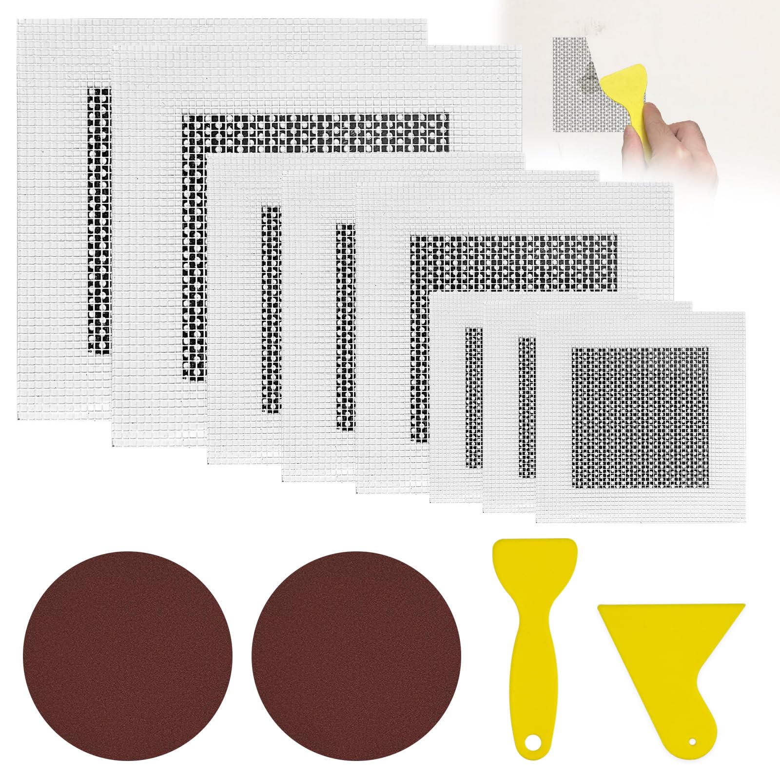 Patch de Réparation de Mur en Aluminium 8 Pièces 2/4/6 Pouces Maille de Fibre Auto-Adhésifs