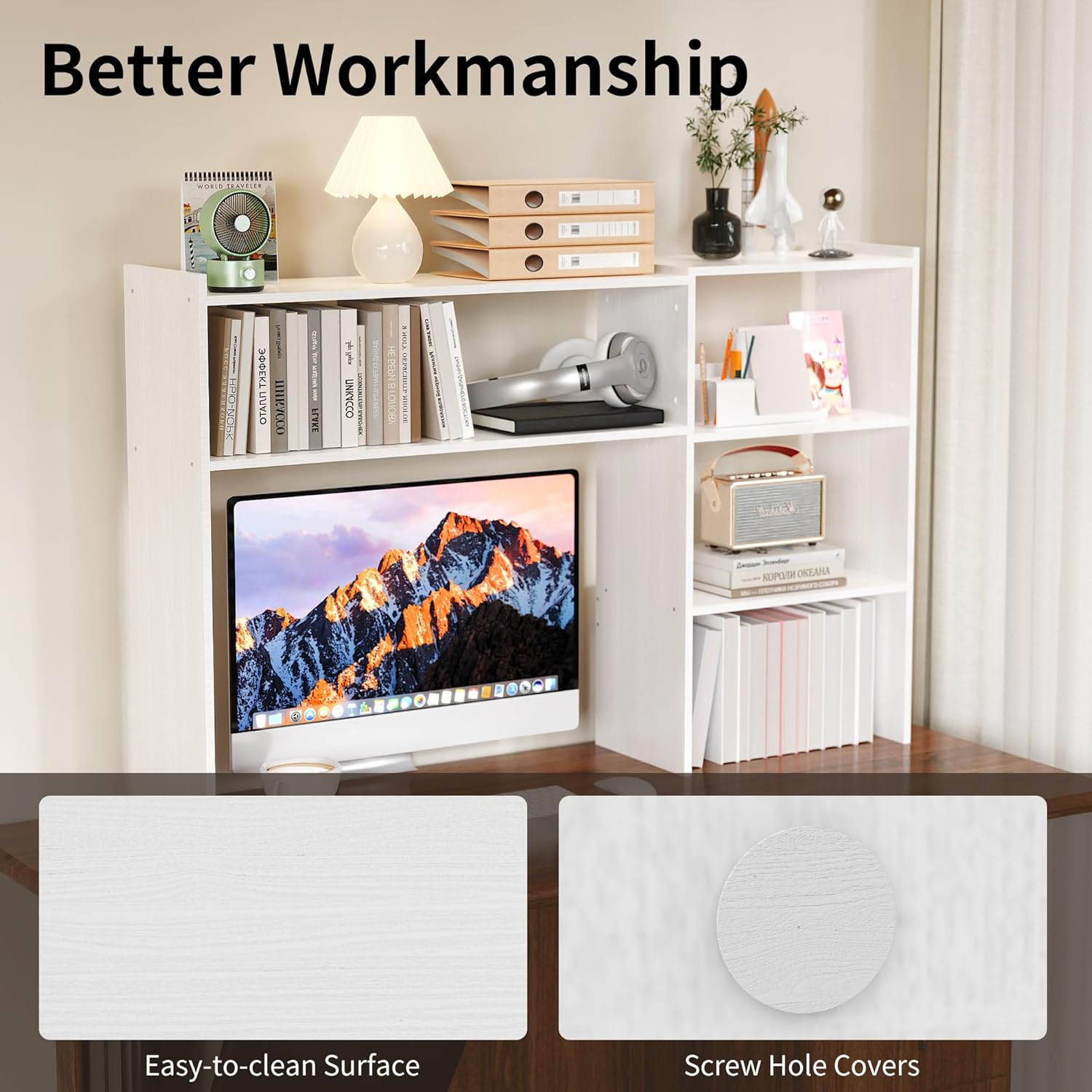 Aetheris Desktop Bookshelf, 43”Adjustable Office Desktop Organizer Shelf, Countertop Storage Hutch with 4 Shelves for Computer Desk, Adjustable Desk Hutch, Wooden Desktop Bookcase for Dorm Office Home