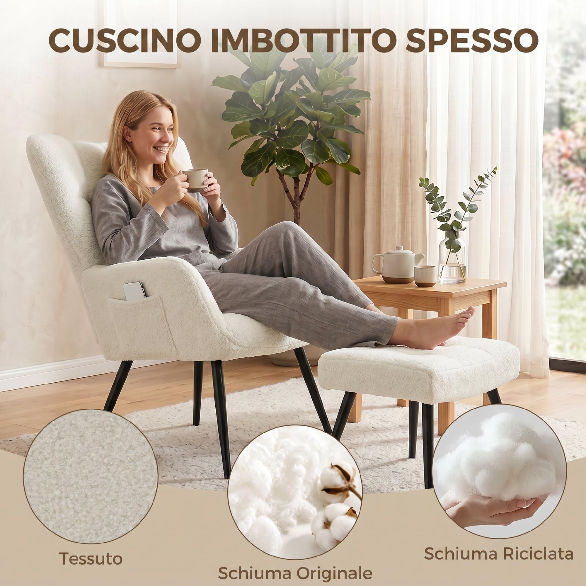 HOMCOM Poltrona con Poggiapiedi in Tessuto Teddy Morbido Traspirante Beige | Poltrocina Camera da Letto, Schienale Alto Trapuntato, Tasche Laterali, per Soggiorno Studio Camera da Letto