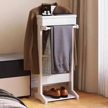 Suit Valet Stand for Men, Wooden Clothes Rack with Flip Tray & Coat Hanger