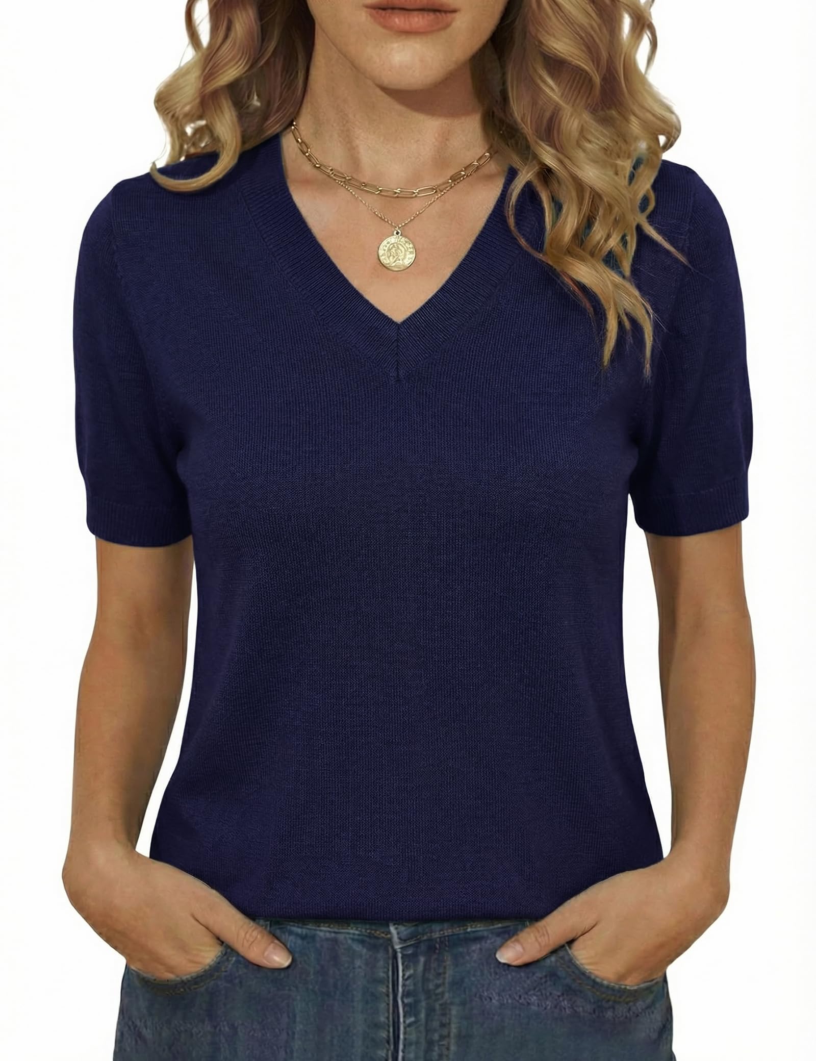 Totatuit Pullover Damen Kurzarm V Ausschnitt Winter Leicht Pulli Unterziehshirt Wolle Blended Strickpullover Damen Geeignet zum Alleintragen im Frühling und Sommer