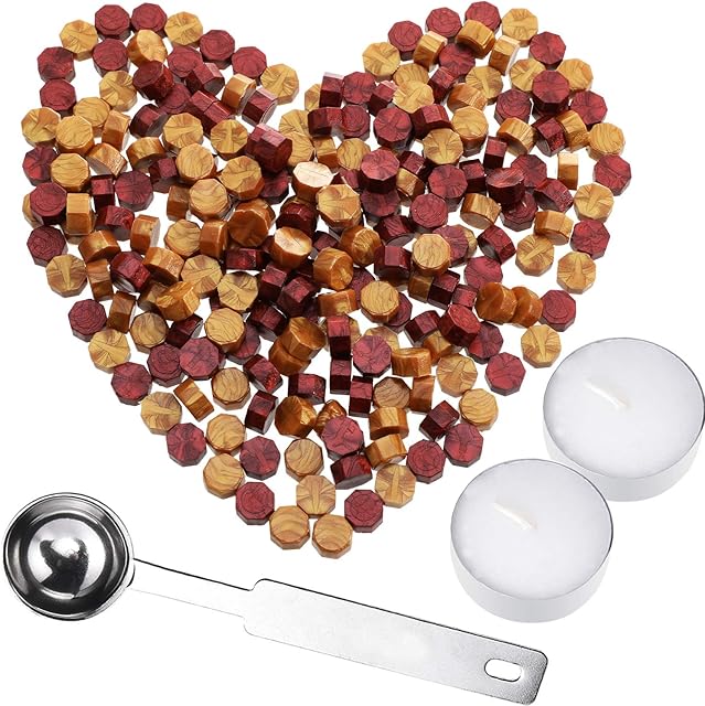 230 Pieces Octagon Sealing Wax Beads Sticks with 2 Pieces Tea Candles and 1 Piece Wax Melting Spoon for Wax Stamp Sealing (Gold and Wine Red)