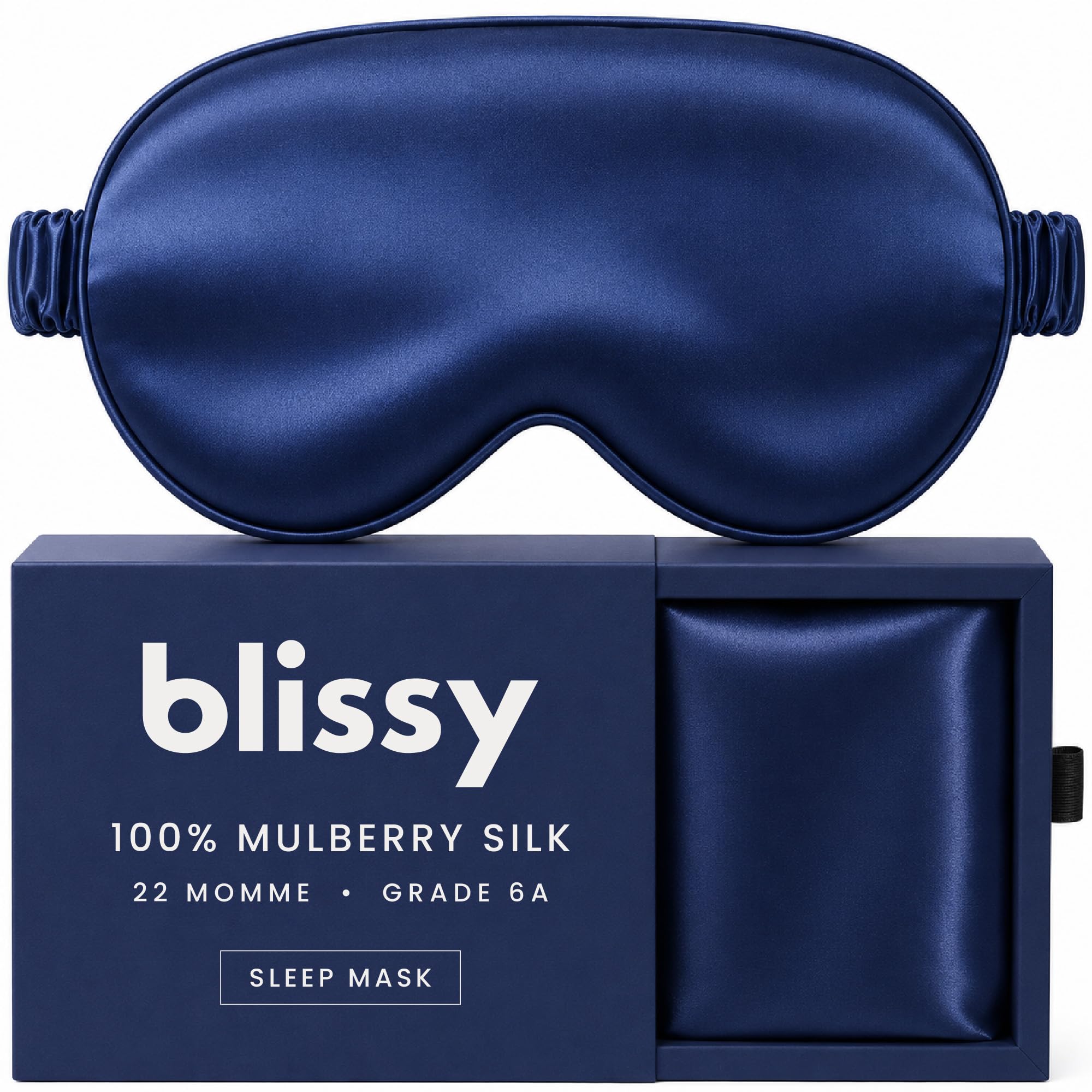 BLISSY Silk - Mascherina da notte in seta, per donne e uomini, per un oscuramento totale, 100% pura seta di gelso, 22 momme, fibre 6a, mascherina per dormire, copertura per gli occhi (blu)