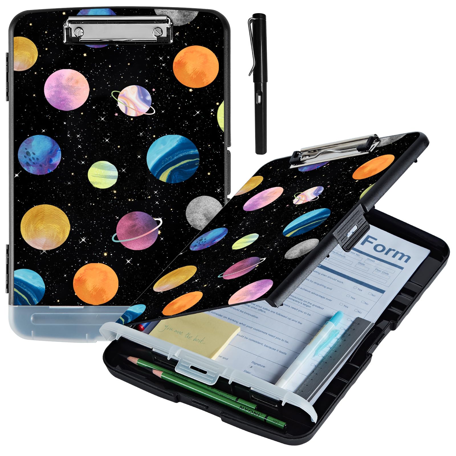 Metal Clipboard with Storage,High Capacity Nursing Clipboards with Pen Holder,Heavy Duty Storage Clipboard Folder Folio,Side-Opening,for School & Office Supplies,with A Pencil,Planet Pattern
