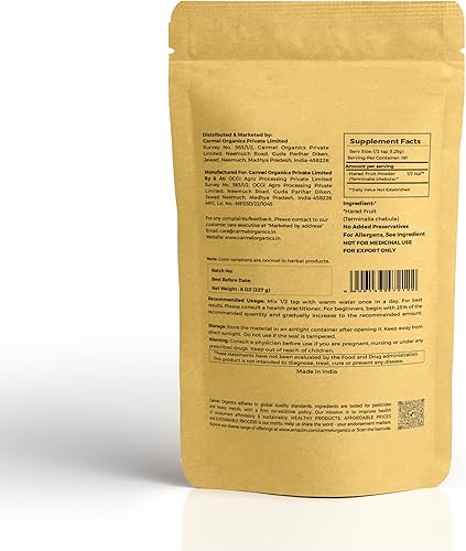 Miniatura 2 de CARMEL ORGANICS Harad/Haritaki - Polvo de fruta de 8 onzas o 0.5 libras/8.01 oz (paquete de 1) Natural Sin conservantes añadidos Sin OMG