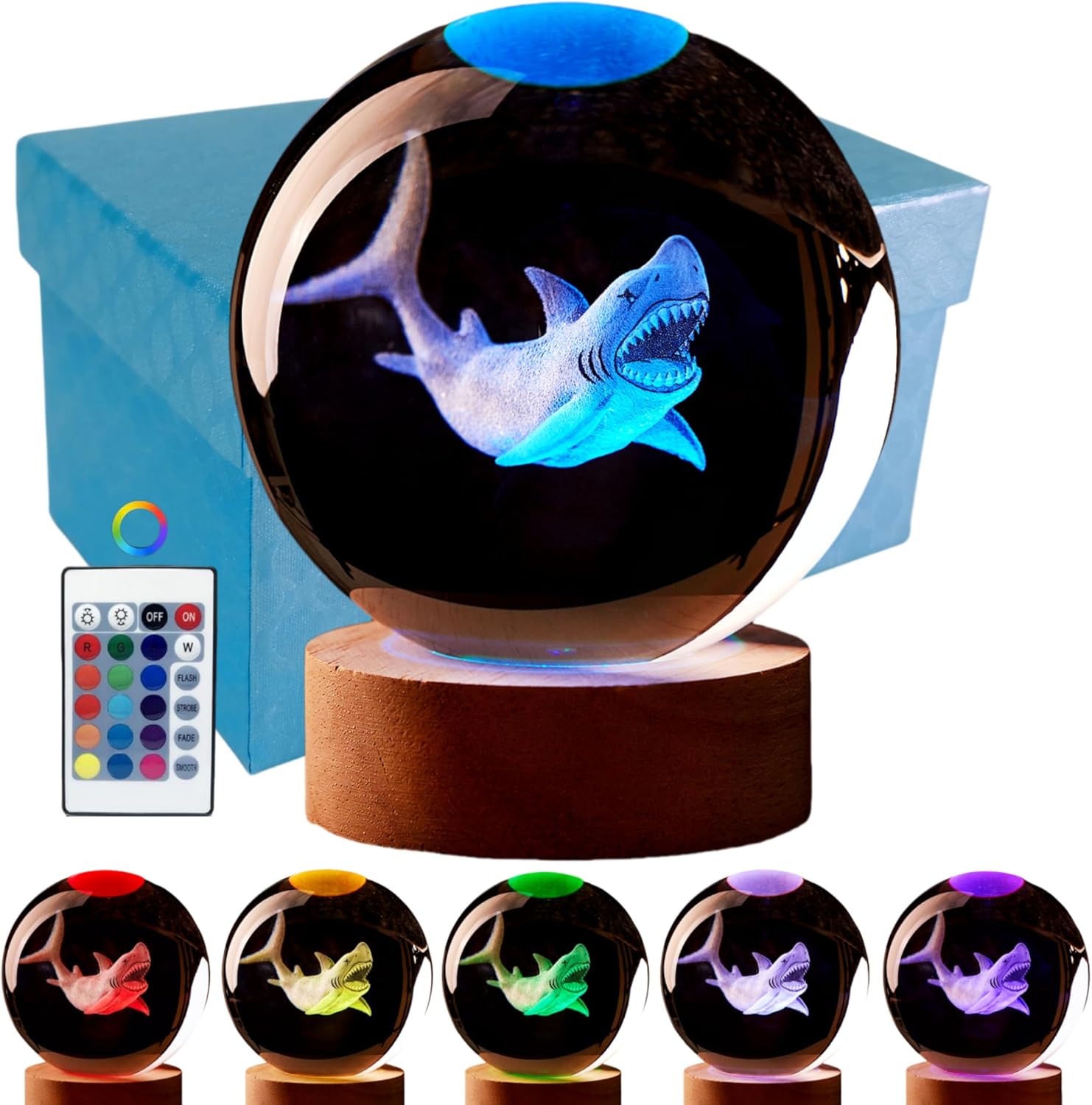 Large Shark Crystal Ball Night Light with Woodern Base, 3D Crystal Lamp 16 Color Changing with Remote Control, Laser Engraved Glass Ball Lamp, Room Decor (Shark)