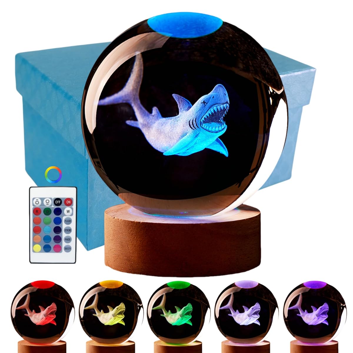 LMLOBEP Large Shark Crystal Ball Night Light with Woodern Base 3D Crystal Lamp