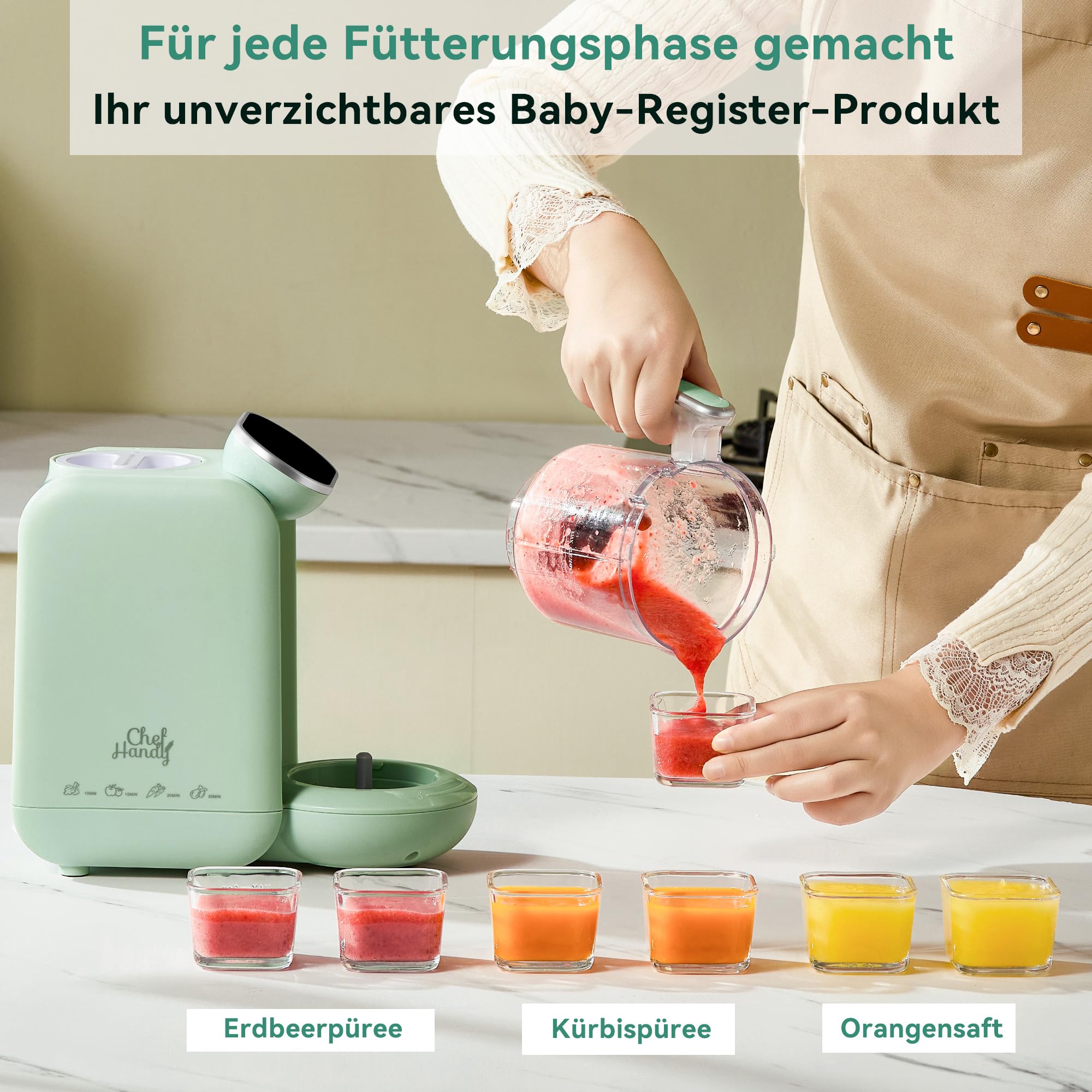 Chefhandy 5-in-1 Babynahrungszubereiter Premium, Multifunktions Babybrei Zubereiter mit Fläschchen Erwärmen, Desinfizieren, Baby Dampfgarer, Brei Maker Mixer, Automatische und Handmodus (Grün)